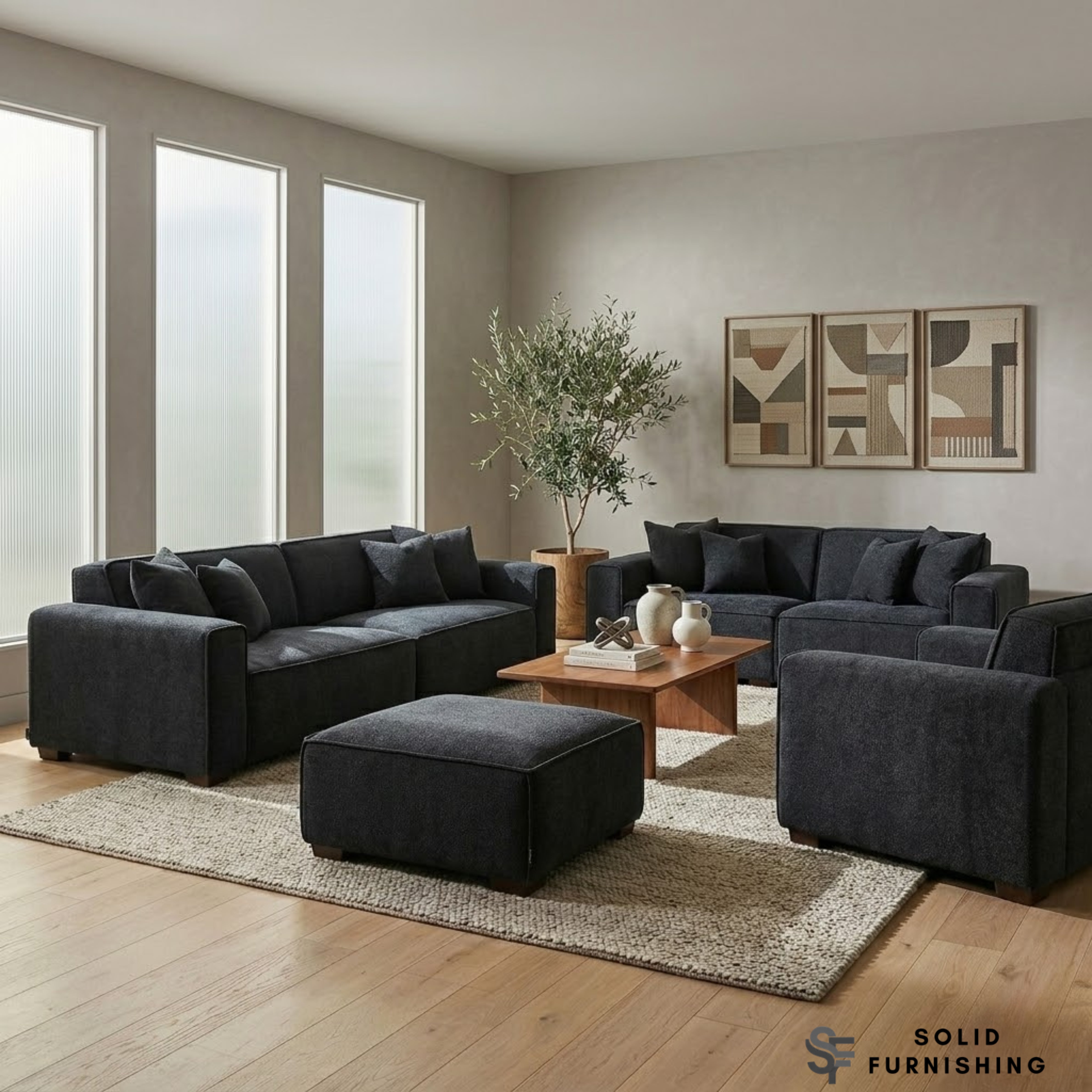 Dakota Sofa Range – Midnight Black Bouclé Fabric | 4 Seater, 3 Seater, Armchair & Stool