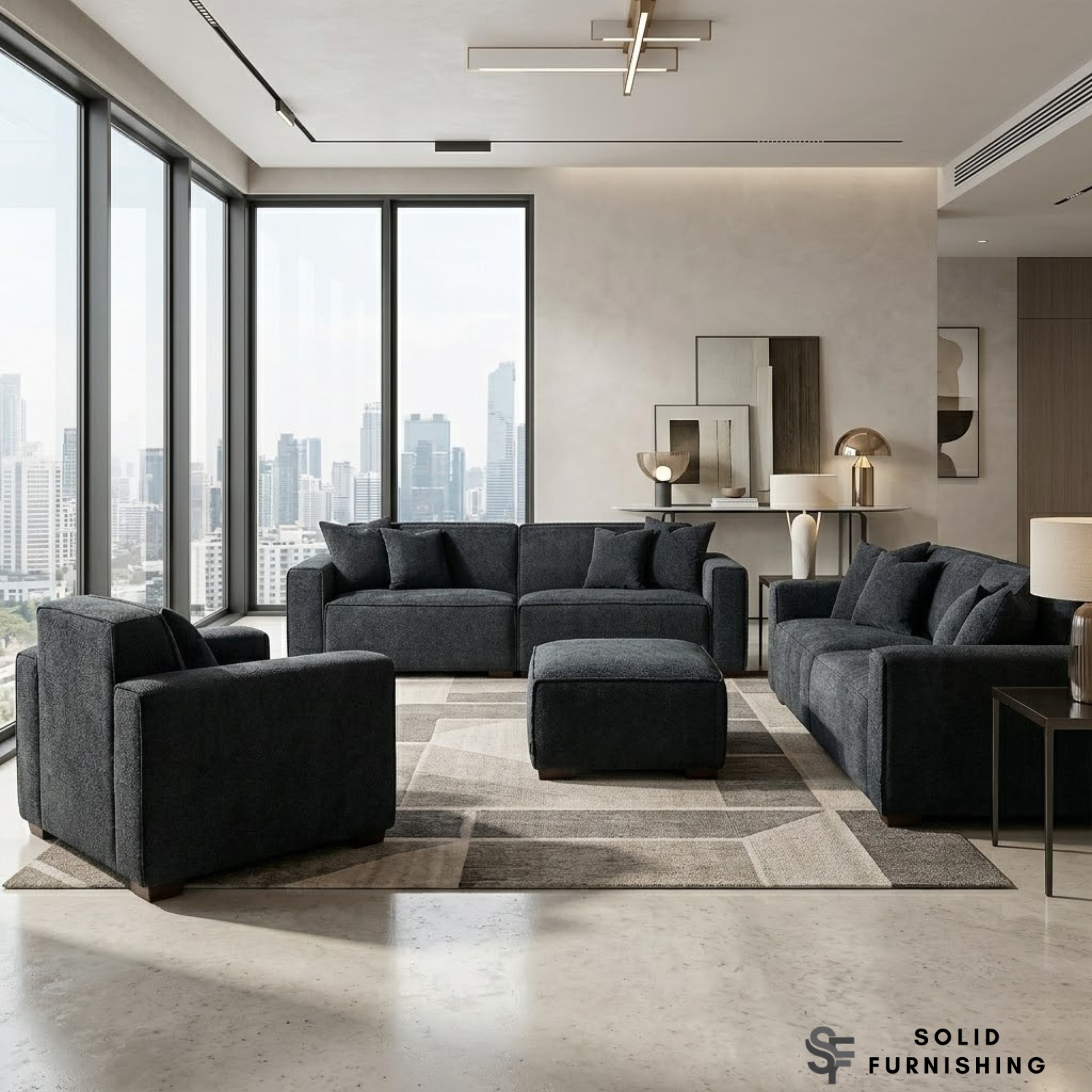 Dakota Sofa Range – Midnight Black Bouclé Fabric | 4 Seater, 3 Seater, Armchair & Stool