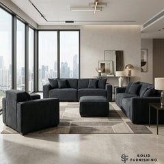Dakota Sofa Range – Midnight Black Bouclé Fabric | 4 Seater, 3 Seater, Armchair & Stool