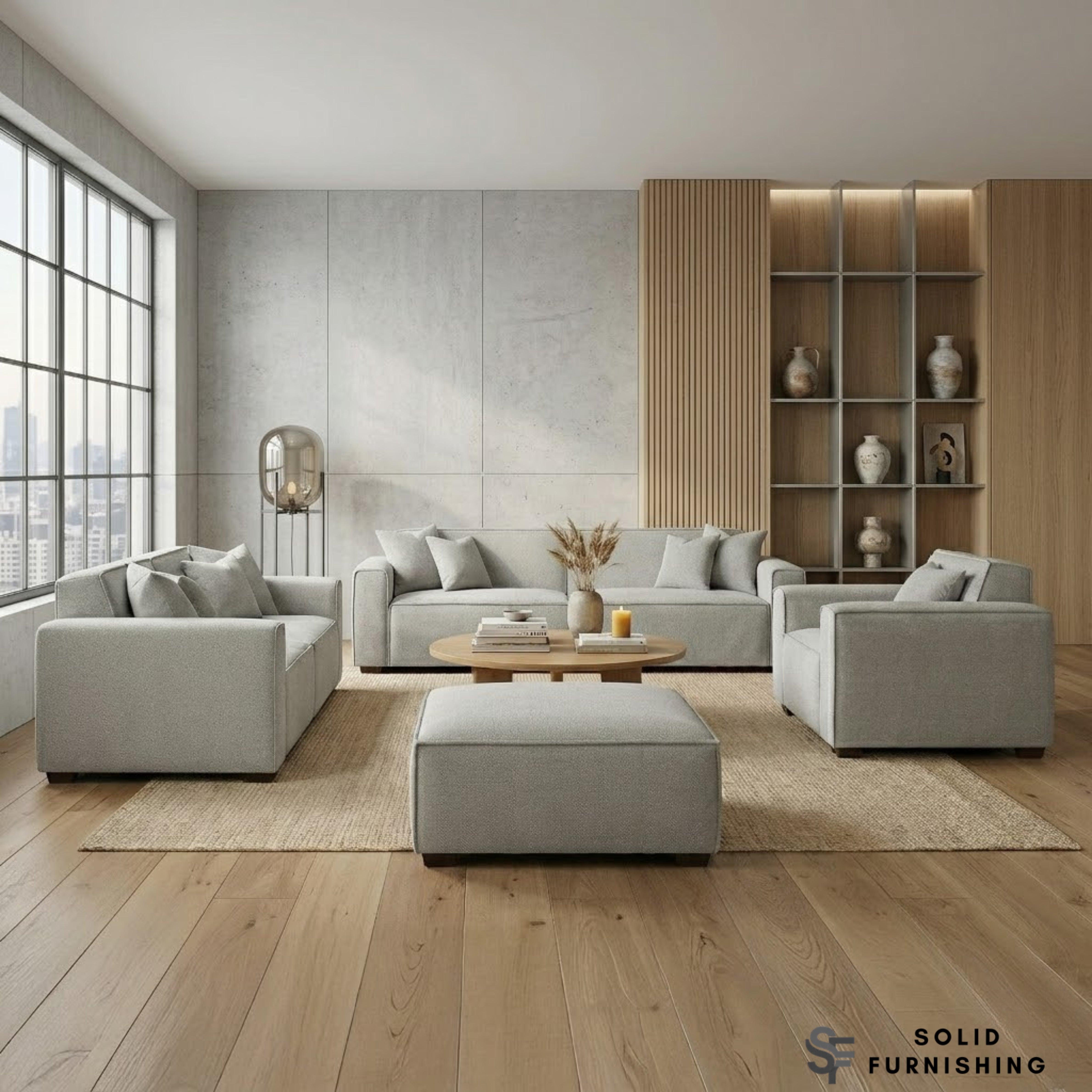 Dakota Sofa Range – Pebble Grey Bouclé | 4 Seater, 3 Seater, Armchair & Footstool