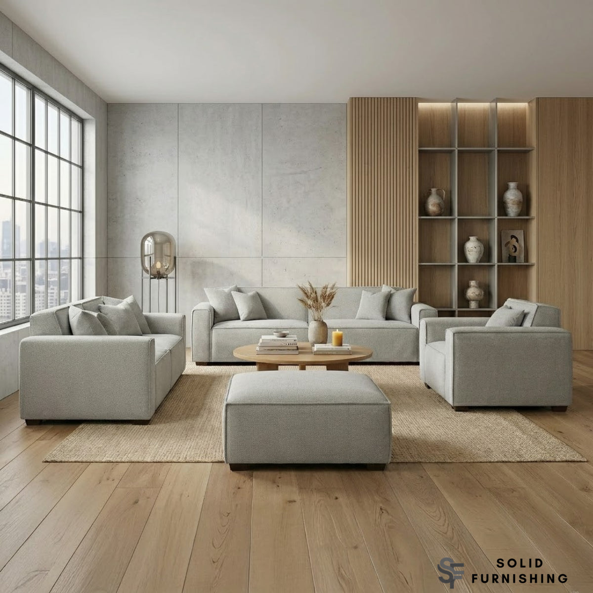 Dakota Sofa Range – Pebble Grey Bouclé | 4 Seater, 3 Seater, Armchair & Footstool