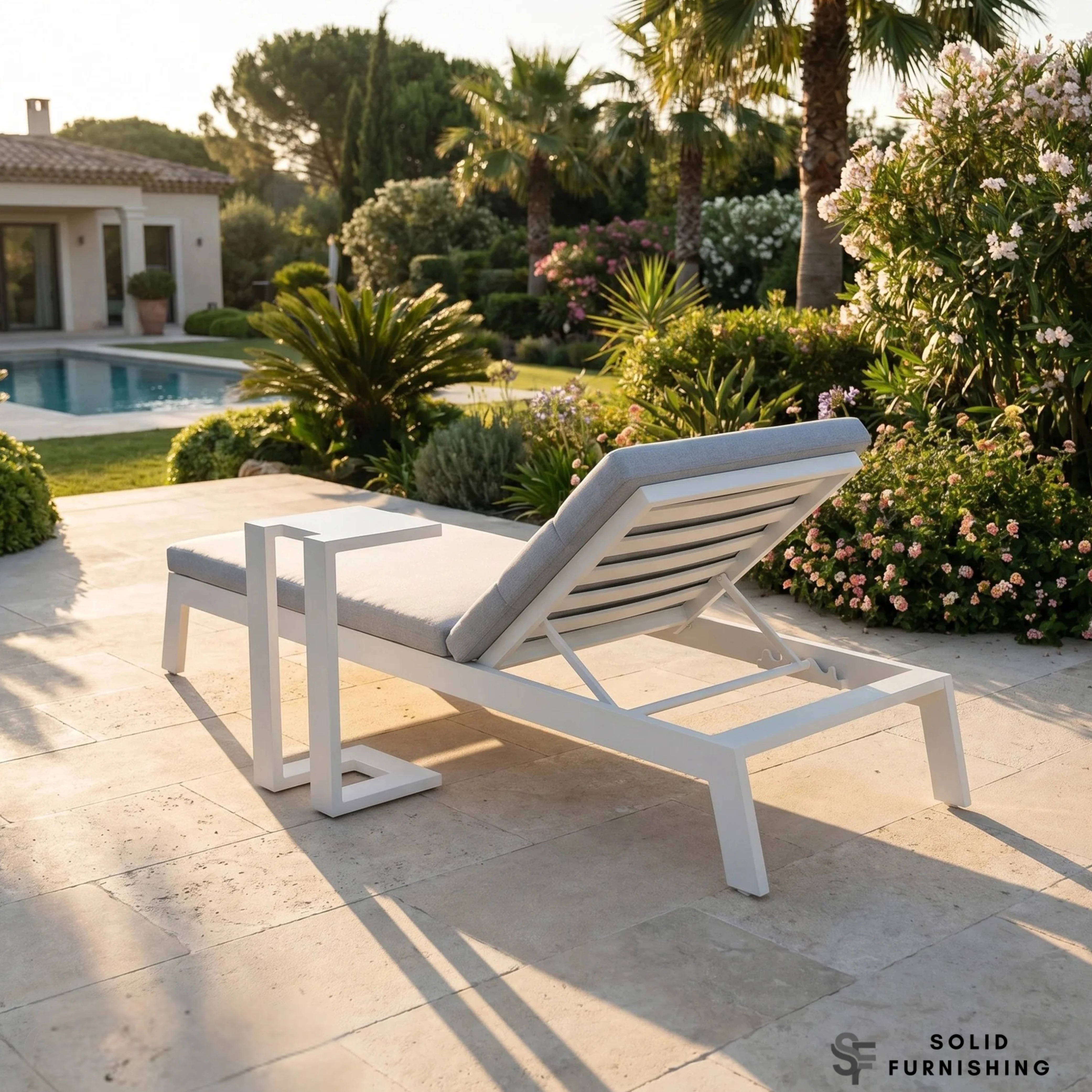 Dasia White Aluminium Outdoor Sun Lounger – Reclining Garden Sunbed with Cushion & Optional Side Table