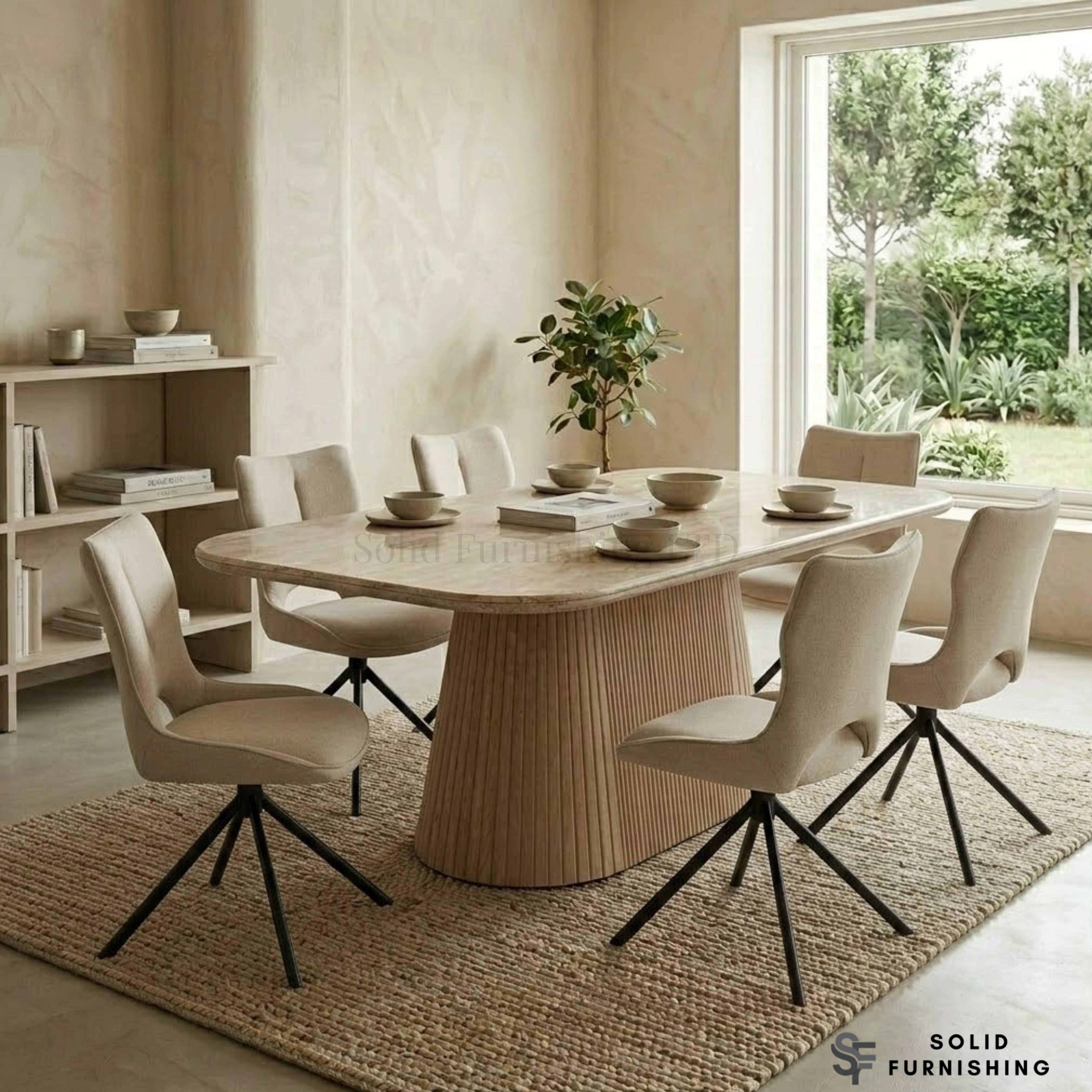Davos Beige 160cm Ceramic Oval Dining Table – Modern Ribbed Pedestal Dining Table