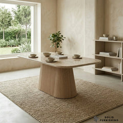 Davos Beige 160cm Ceramic Oval Dining Table – Modern Ribbed Pedestal Dining Table