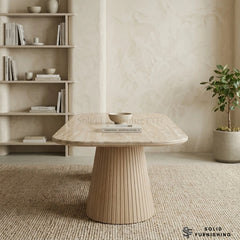Davos Beige 160cm Ceramic Oval Dining Table – Modern Ribbed Pedestal Dining Table