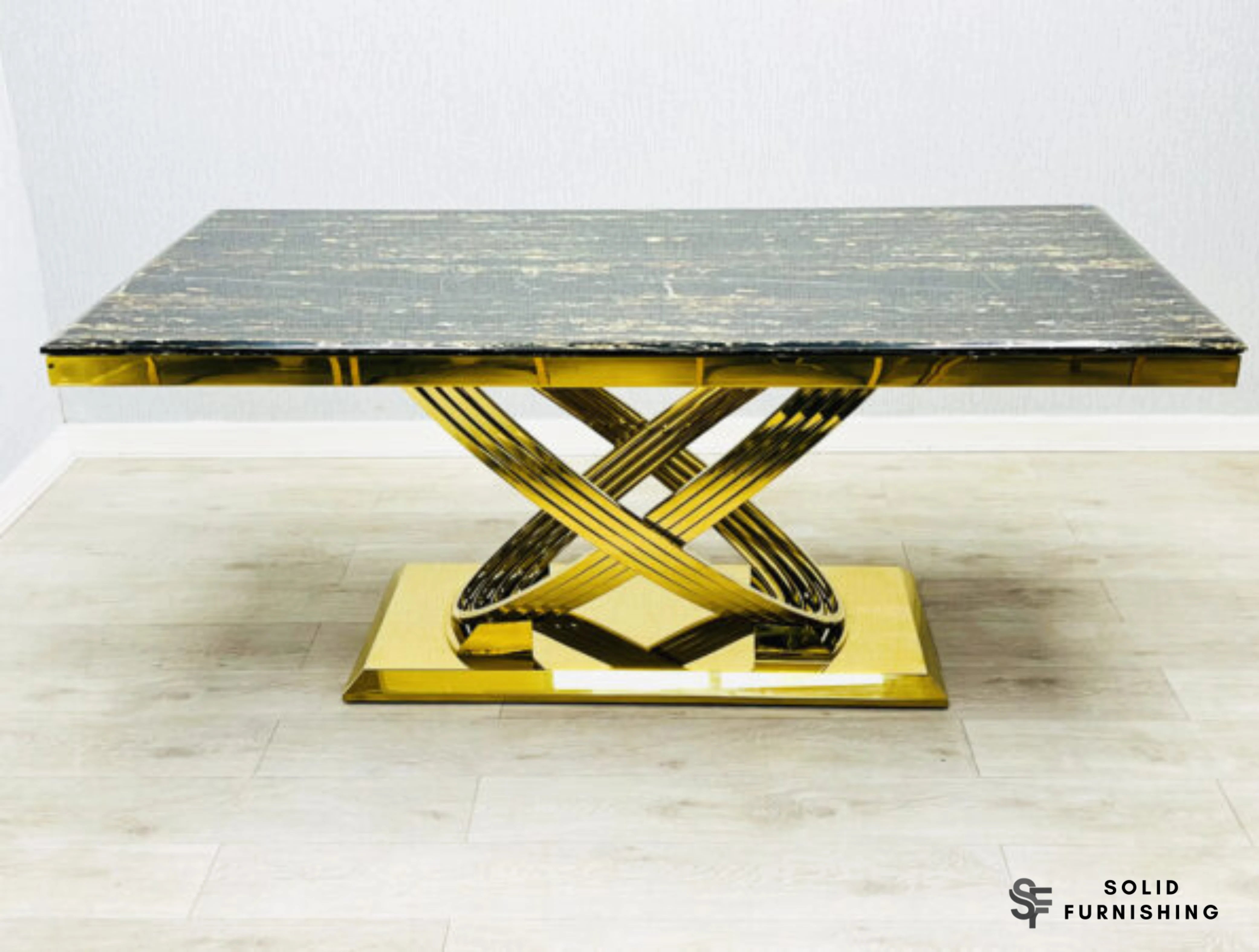 Elina Black & Gold Marble Coffee Table – Rectangular Cross Base Design