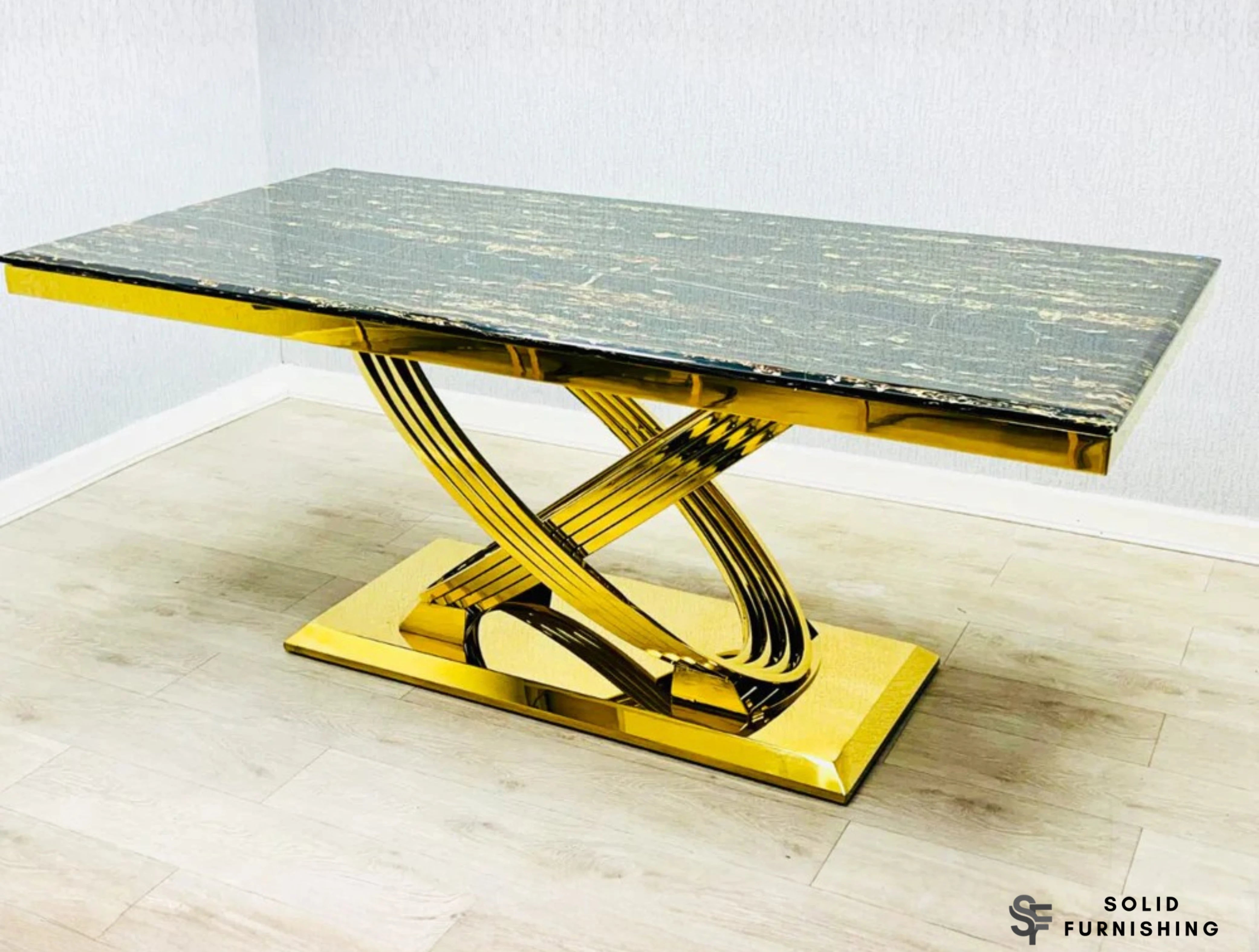 Elina Black & Gold Marble Coffee Table – Rectangular Cross Base Design