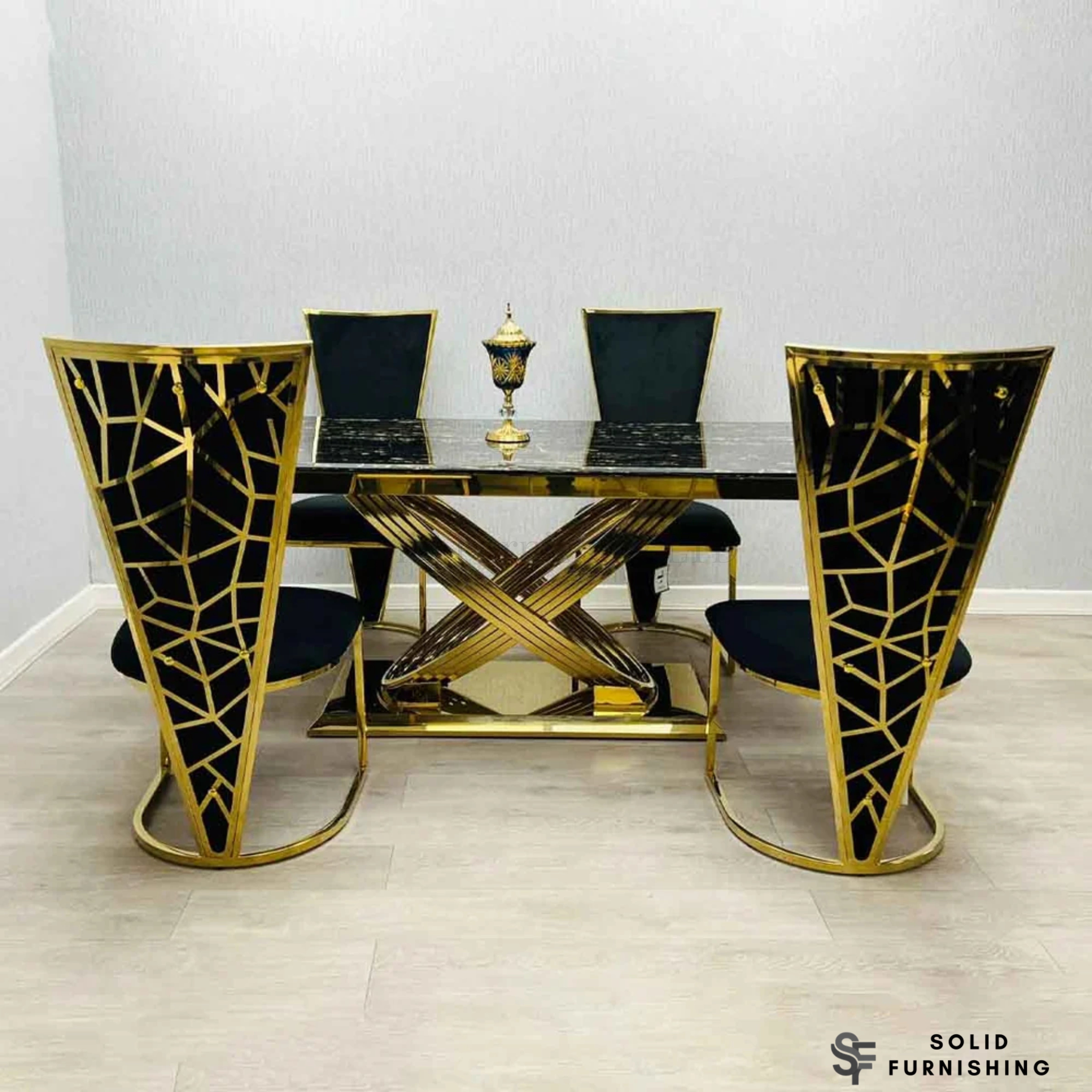 Elina Black & Gold Marble Dining Table with Vienna Chairs – 180cm Luxury Gold Dining Set