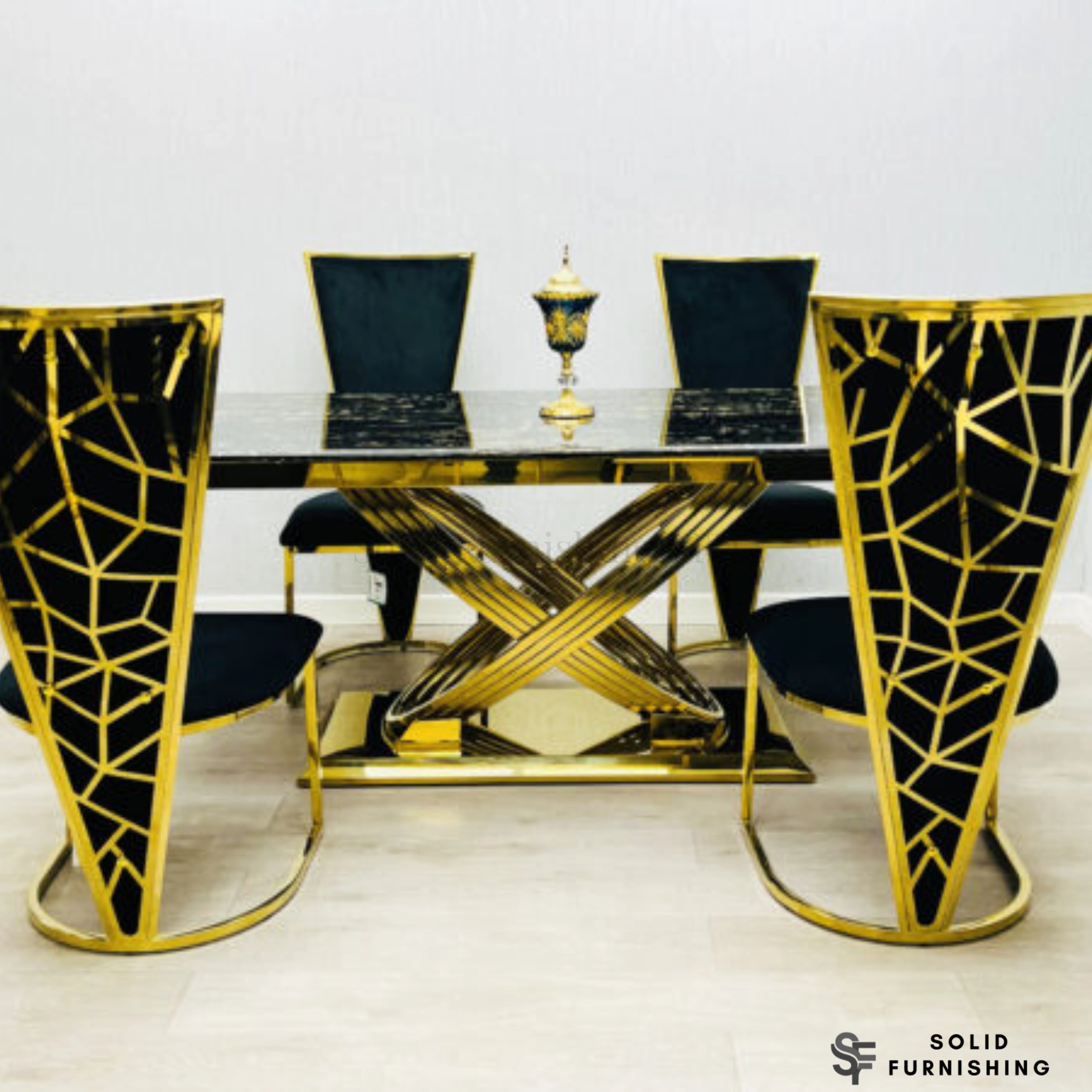 Elina Black & Gold Marble Dining Table with Vienna Chairs – 180cm Luxury Gold Dining Set