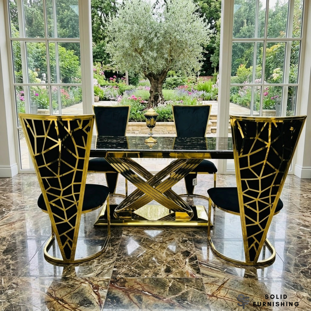 Elina Black & Gold Marble Dining Table with Vienna Chairs – 180cm Luxury Gold Dining Set