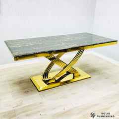Elina Black & Gold Marble Dining Table with Vienna Chairs – 180cm Luxury Gold Dining Set