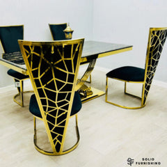 Elina Black & Gold Marble Dining Table with Vienna Chairs – 180cm Luxury Gold Dining Set
