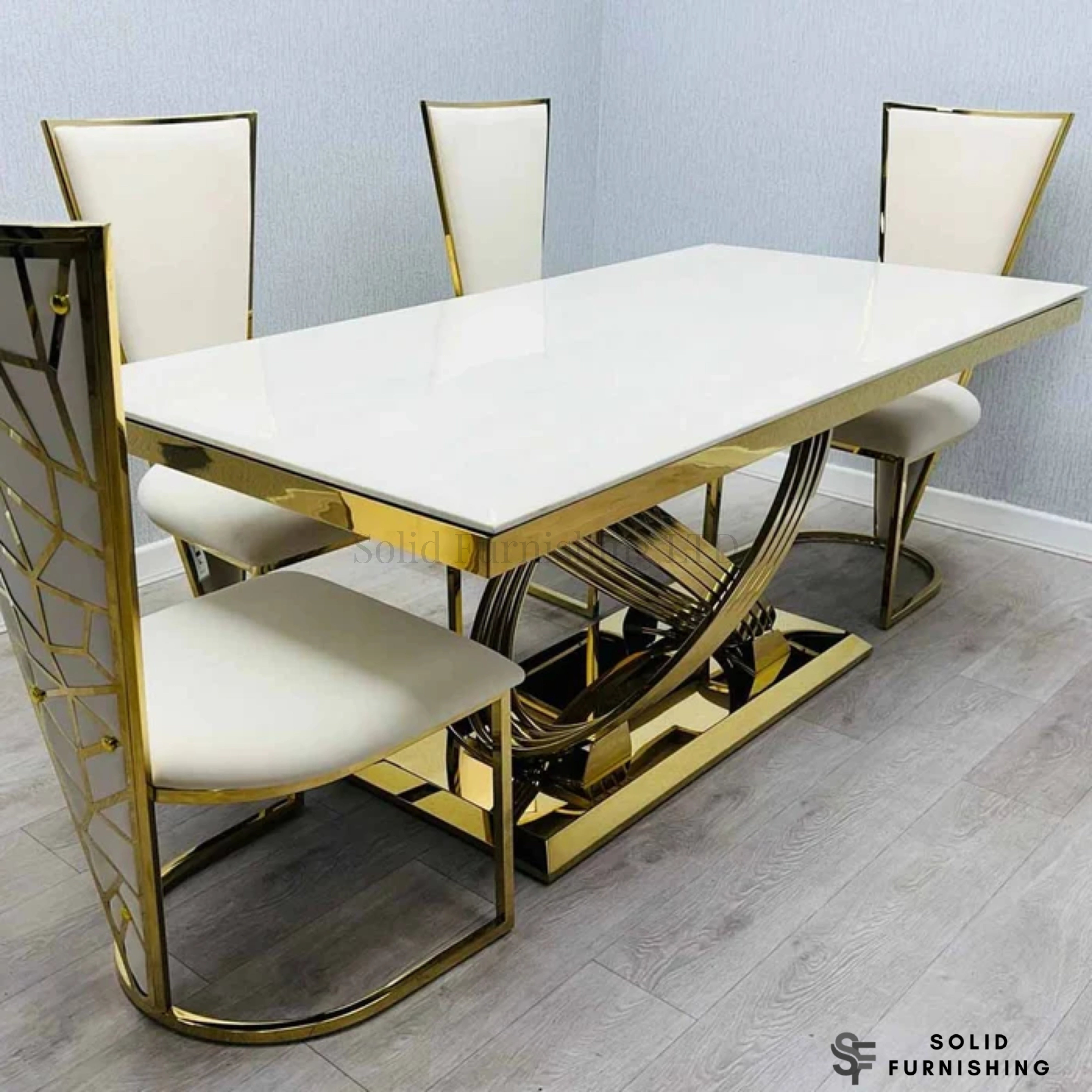 Elina Cream & Gold Marble Dining Set with Vienna Chairs – 180cm Luxury Gold Dining Table