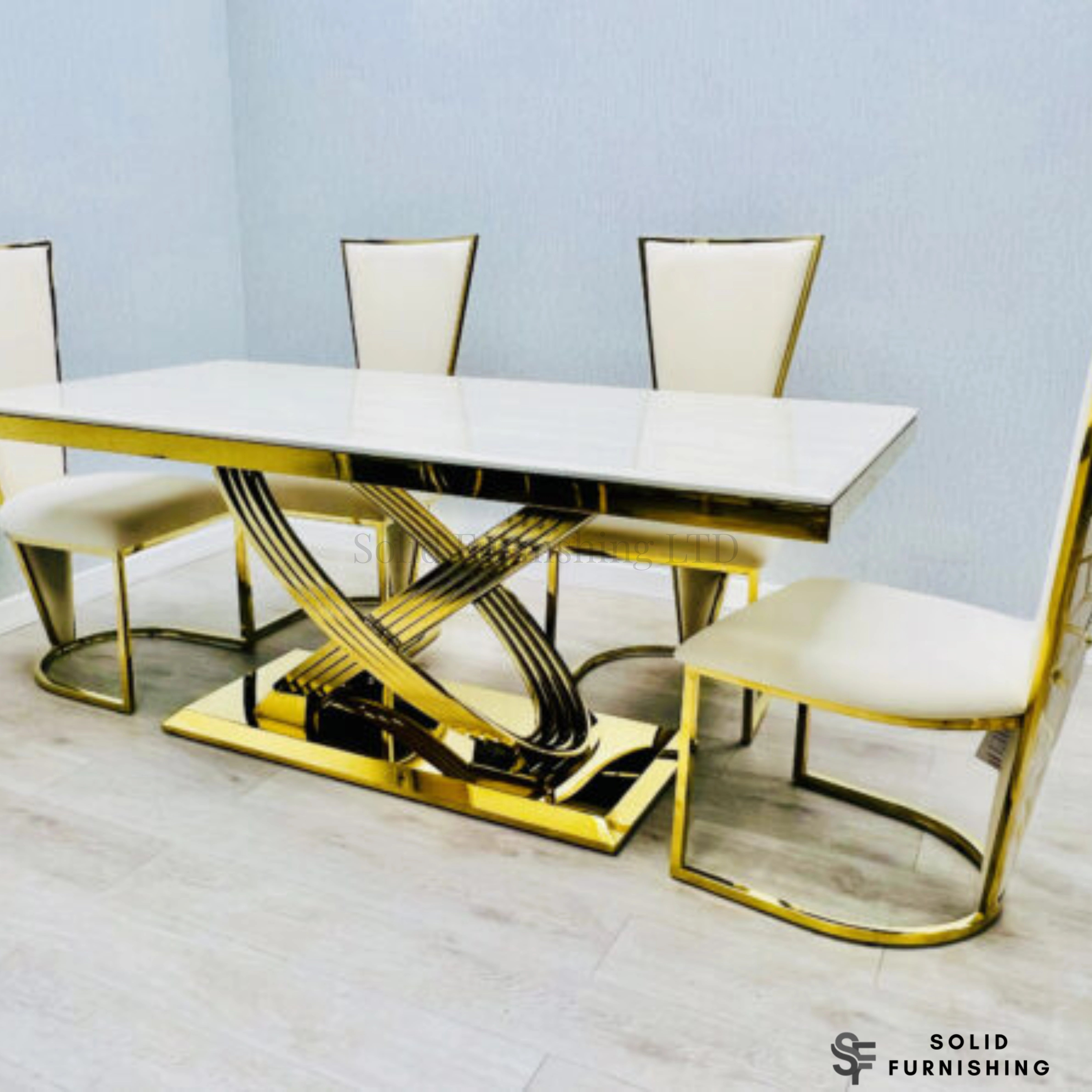 Elina Cream & Gold Marble Dining Set with Vienna Chairs – 180cm Luxury Gold Dining Table