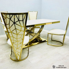 Elina Cream & Gold Marble Dining Set with Vienna Chairs – 180cm Luxury Gold Dining Table