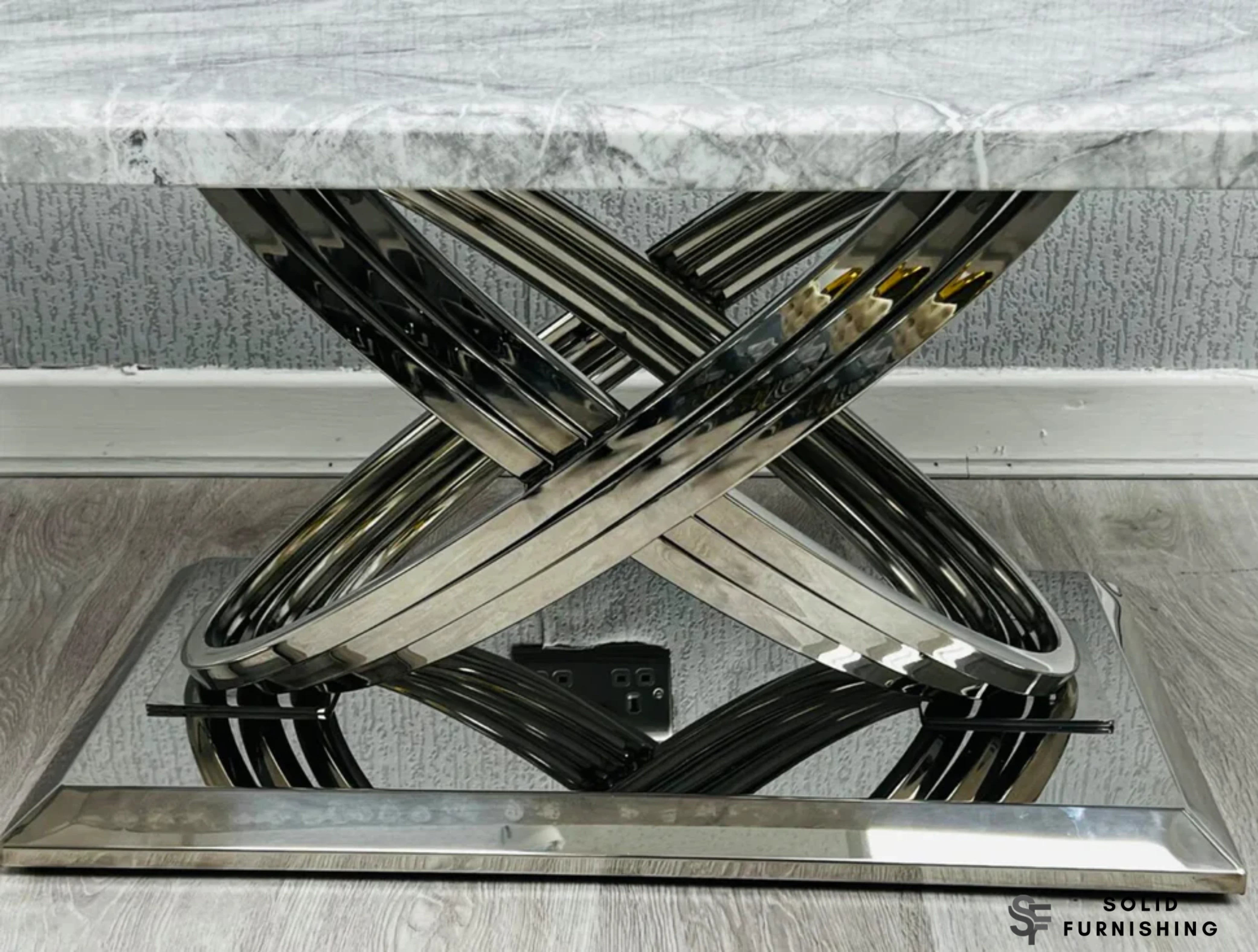 Elina Grey & Silver Marble Coffee Table – Rectangular Cross Base Design