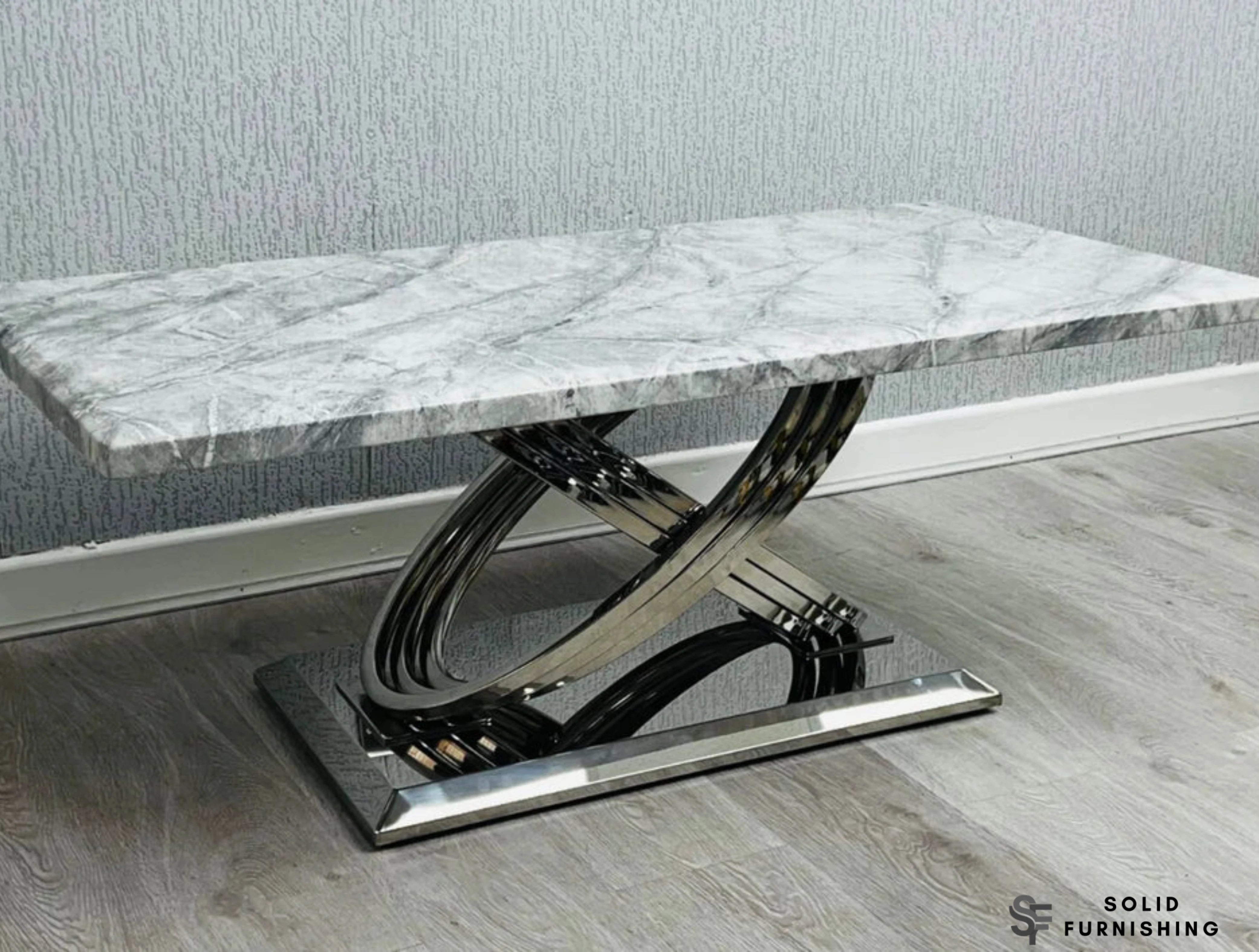 Elina Grey & Silver Marble Coffee Table – Rectangular Cross Base Design