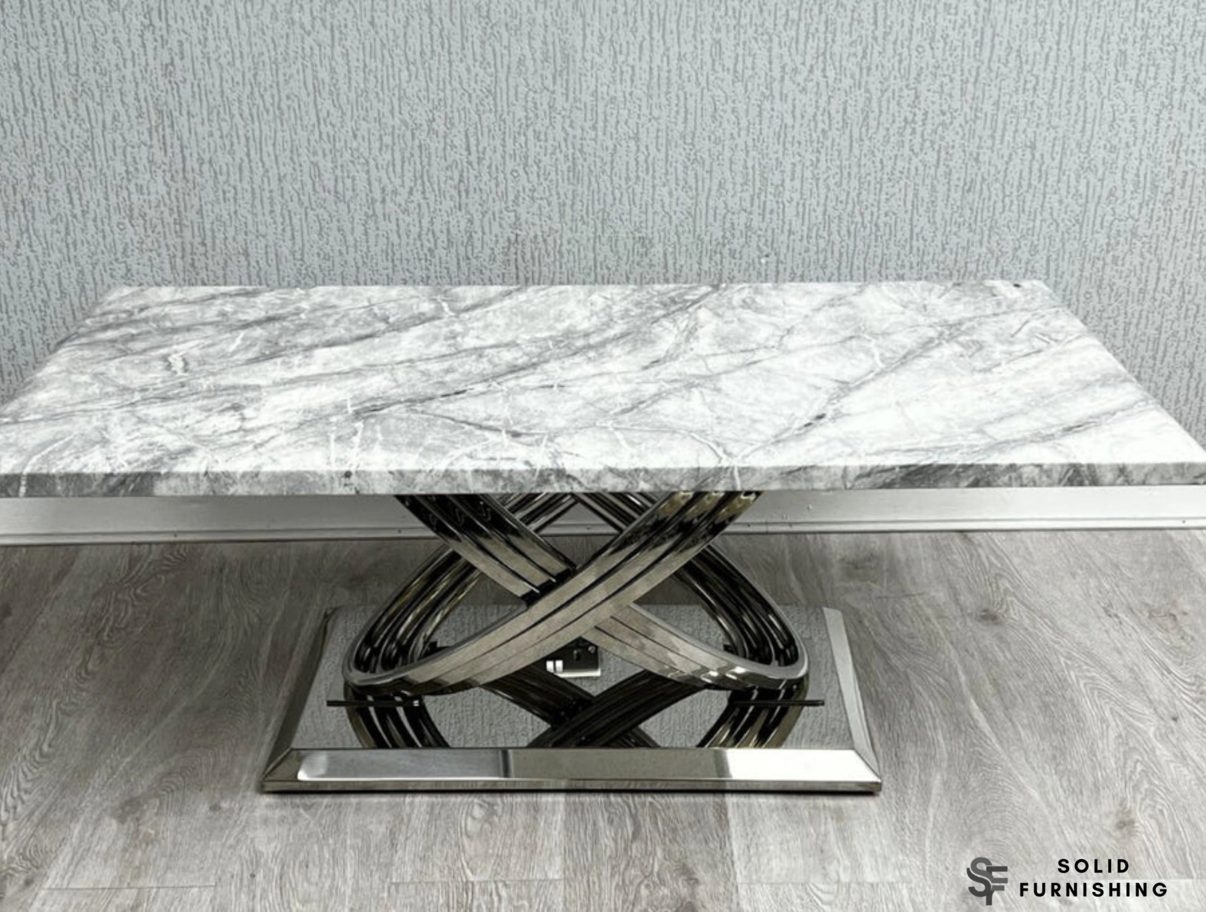 Elina Grey & Silver Marble Coffee Table – Rectangular Cross Base Design
