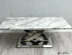 Elina Grey & Silver Marble Coffee Table – Rectangular Cross Base Design