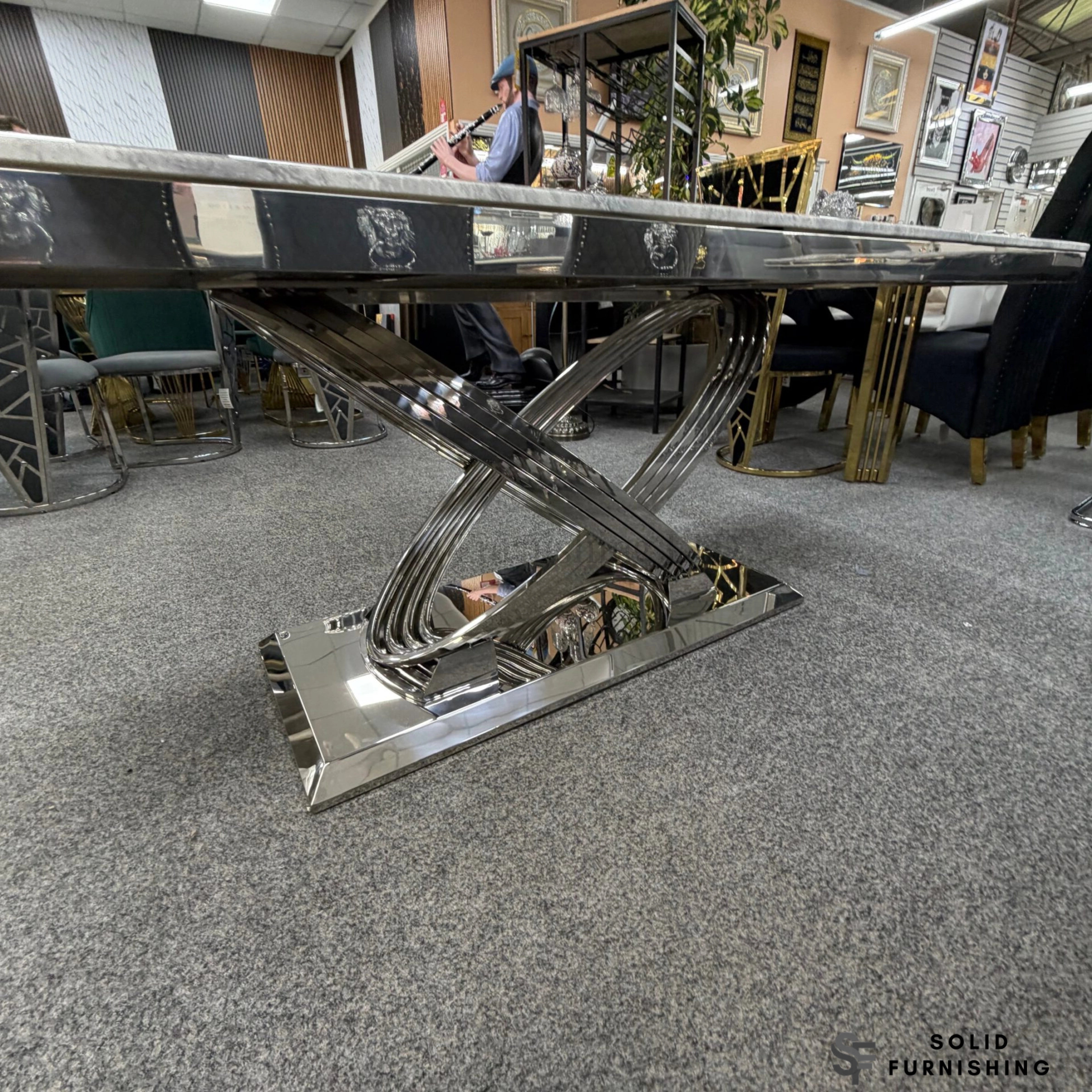 Elina Grey & Silver Marble Dining Table – Luxury Chrome Base Dining Table