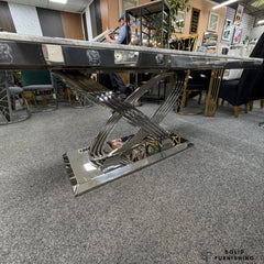 Elina Grey & Silver Marble Dining Table – Luxury Chrome Base Dining Table