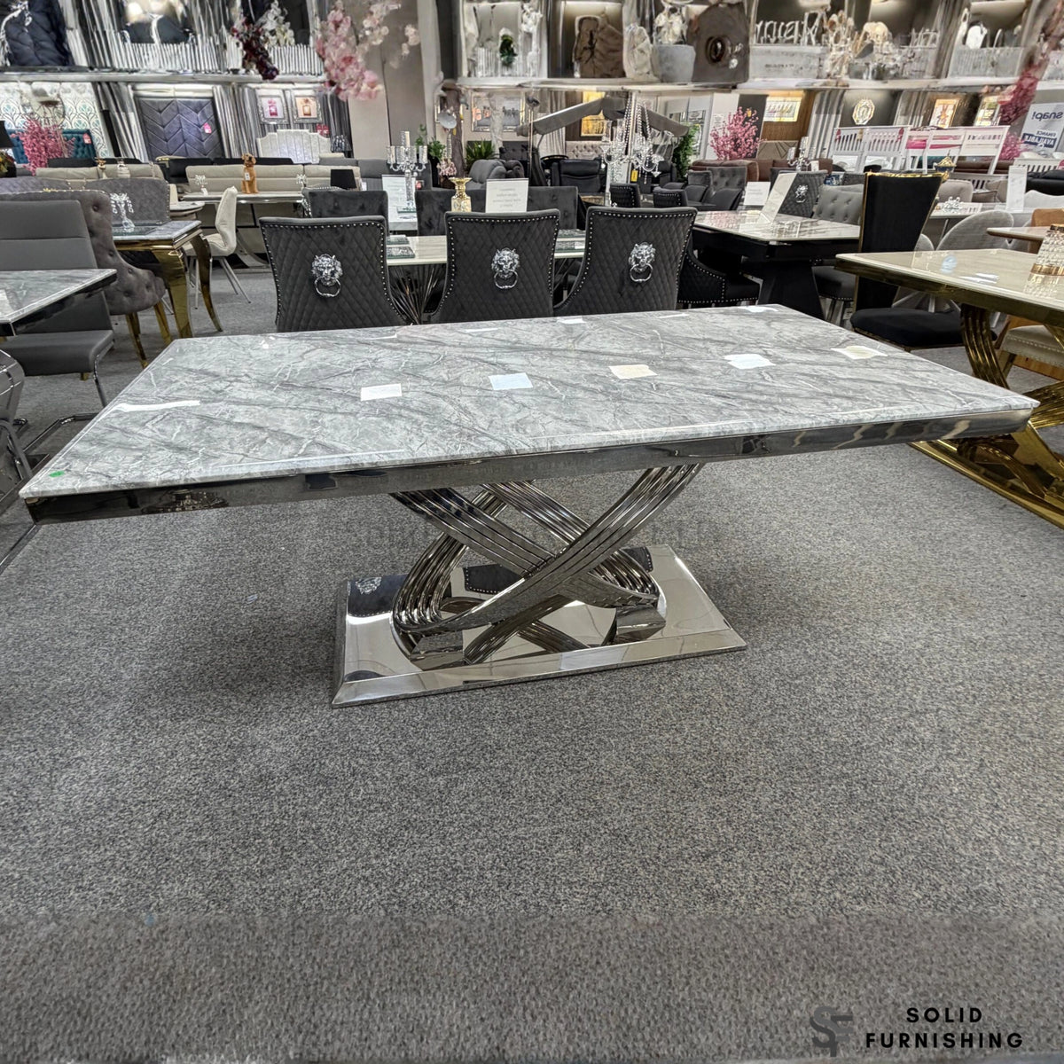 Elina Grey & Silver Marble Dining Table – Luxury Chrome Base Dining Table