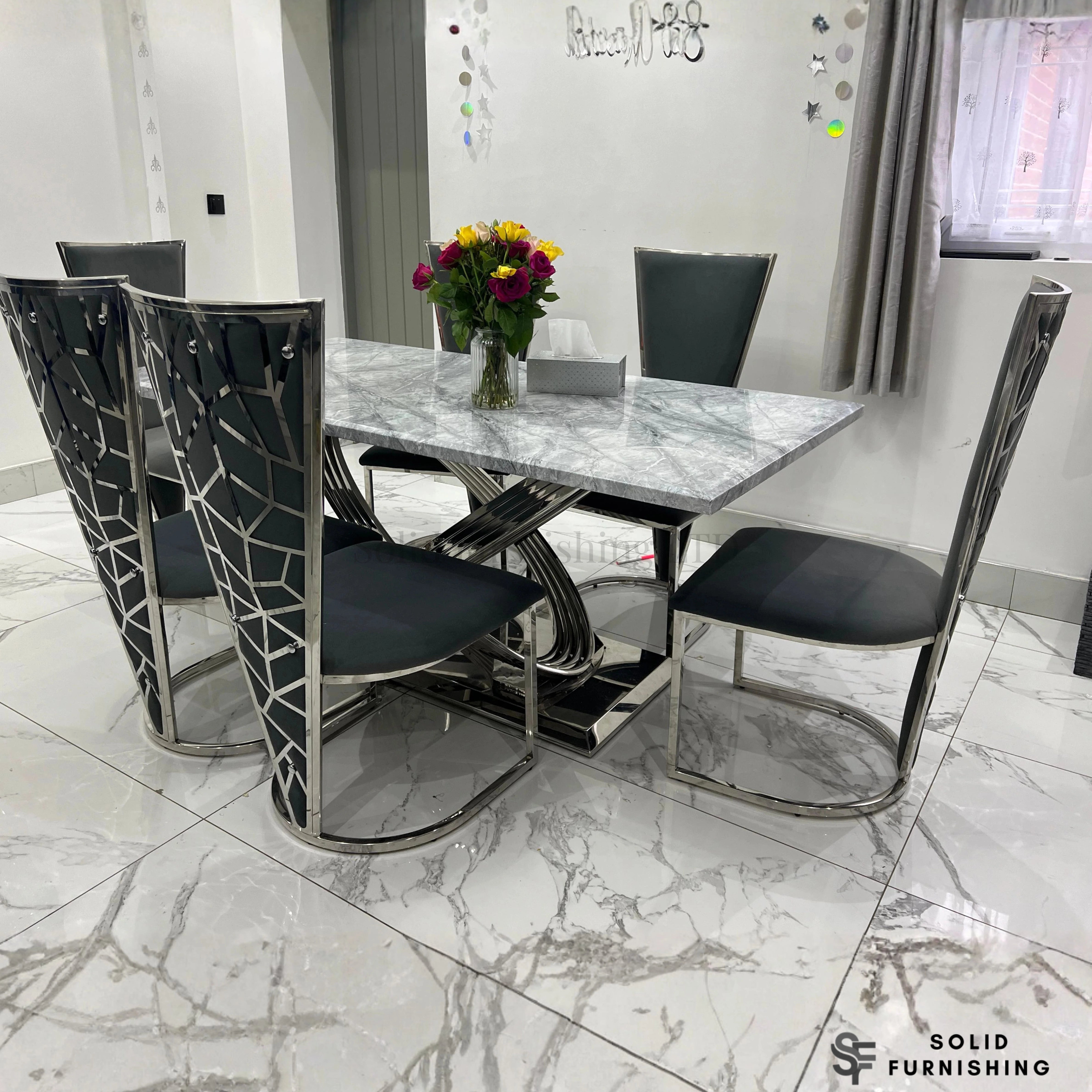Elina Grey & Silver Marble Dining Table with Vienna Chairs – 180cm Luxury Chrome Dining Set