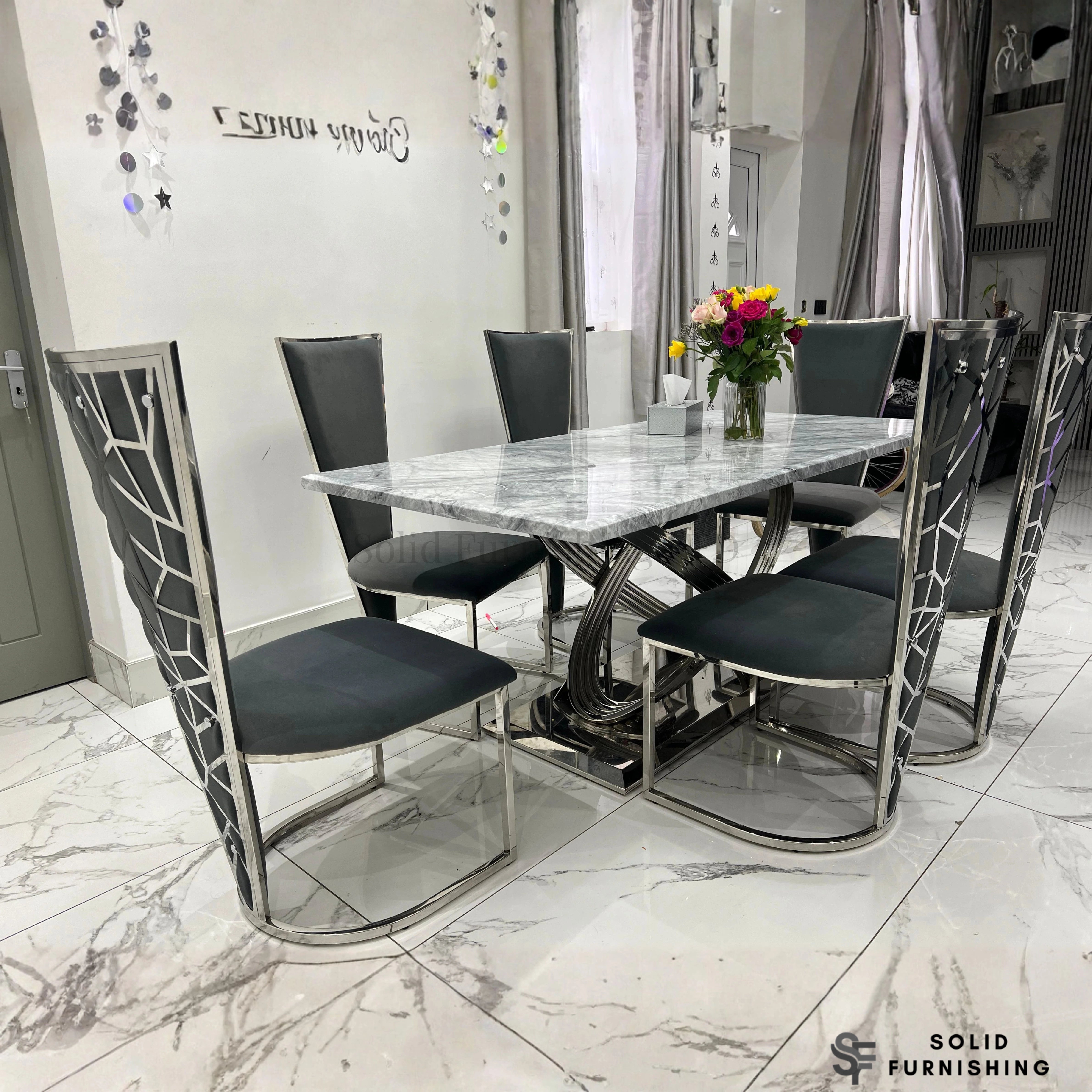 Elina Grey & Silver Marble Dining Table with Vienna Chairs – 180cm Luxury Chrome Dining Set