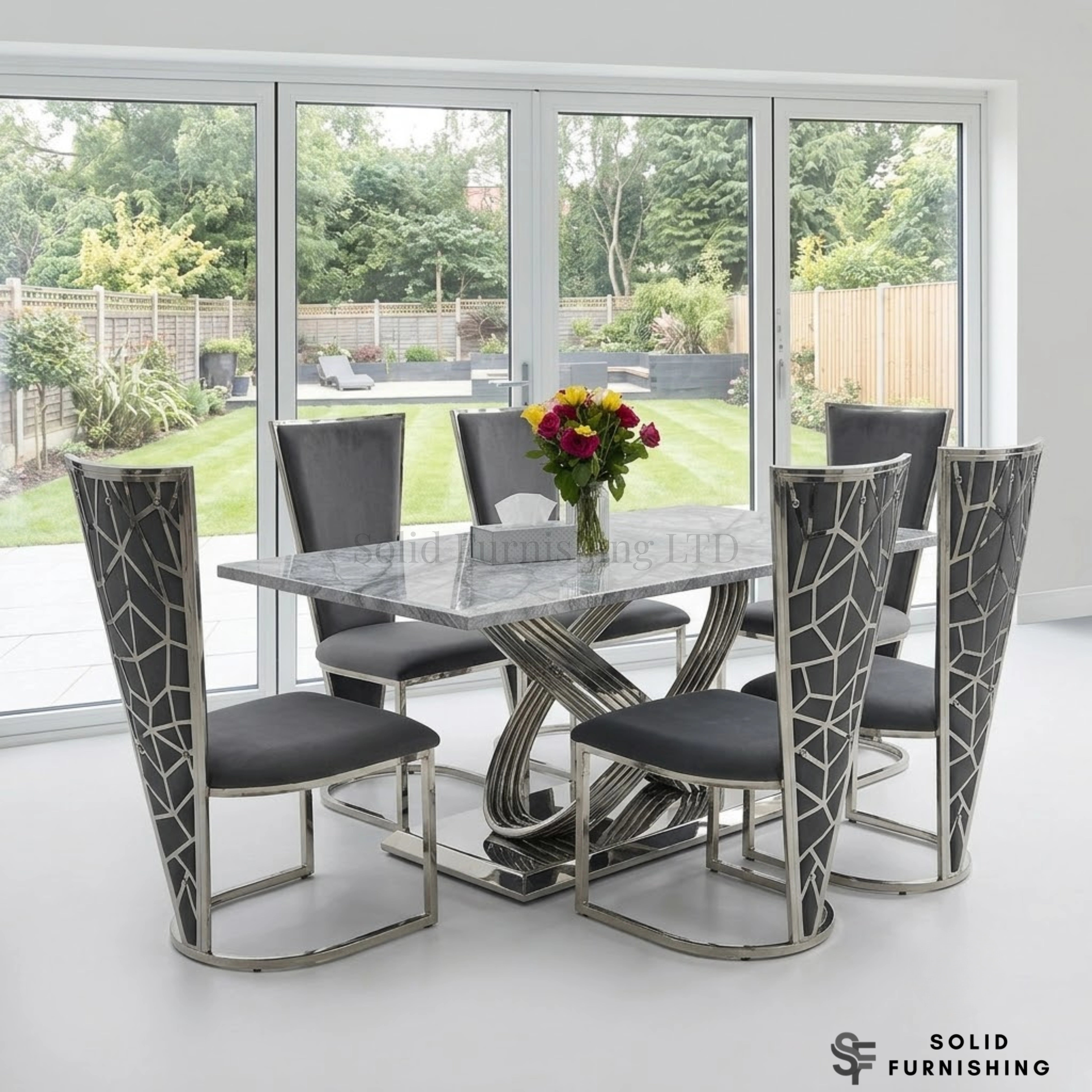 Elina Grey & Silver Marble Dining Table with Vienna Chairs – 180cm Luxury Chrome Dining Set