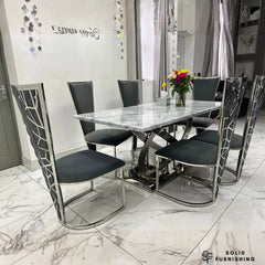 Elina Grey & Silver Marble Dining Table with Vienna Chairs – 180cm Luxury Chrome Dining Set