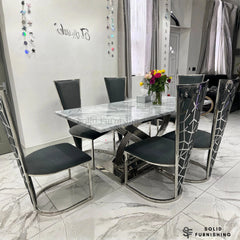 Elina Grey & Silver Marble Dining Table with Vienna Chairs – 180cm Luxury Chrome Dining Set