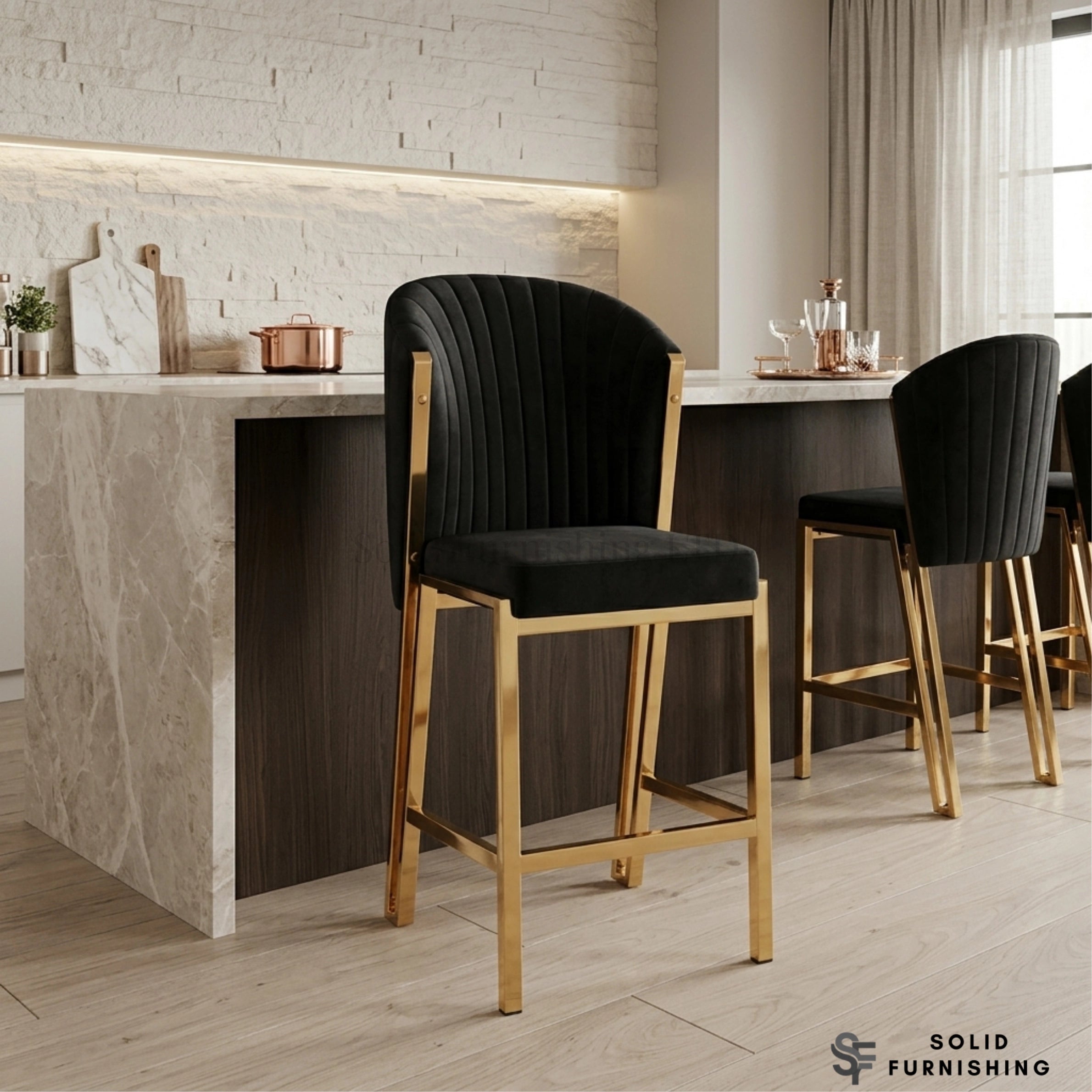 Fabio Black & Gold Upholstered Bar Stool – Fixed Frame Breakfast Chair
