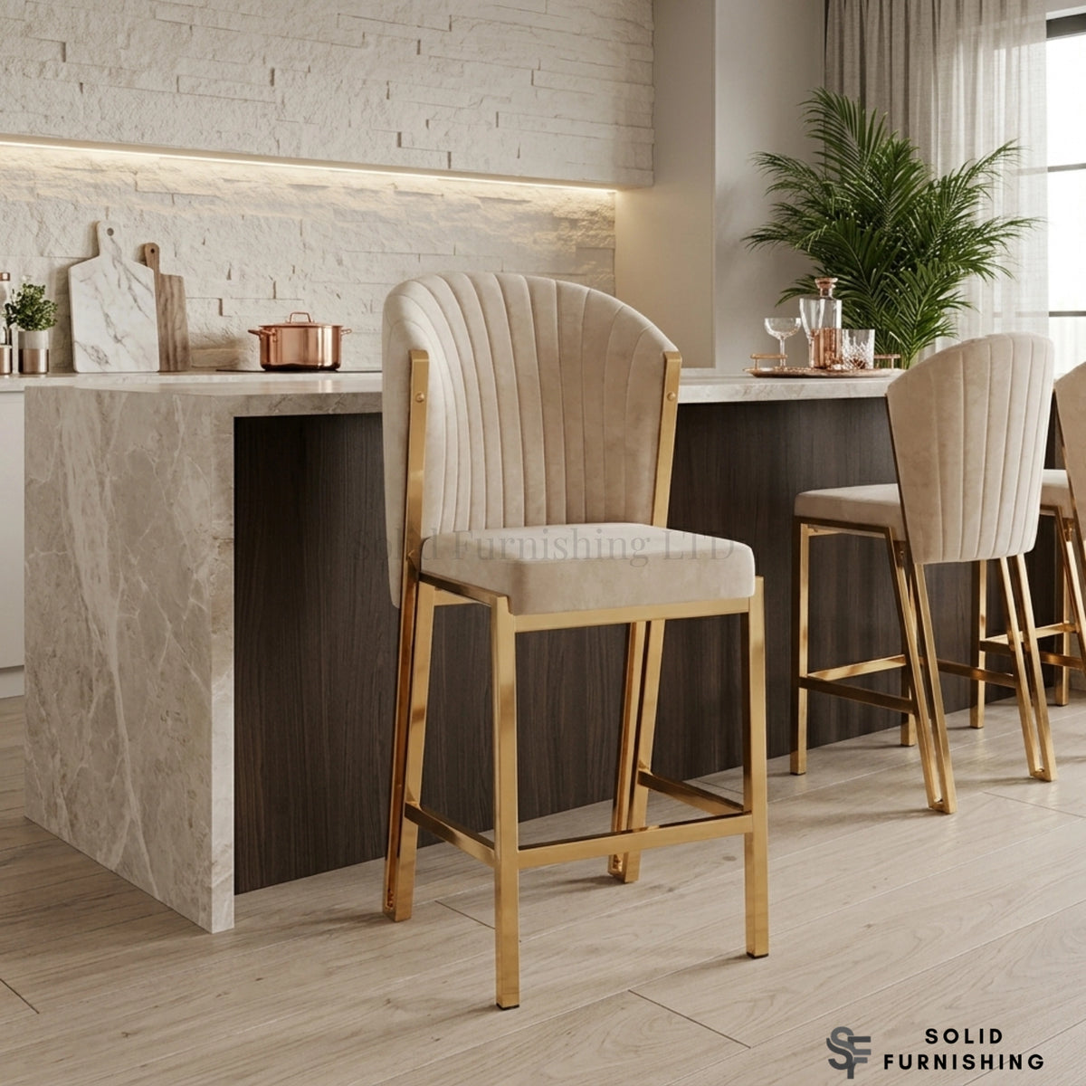 Fabio Cream & Gold Kitchen Island Breakfast Stool – Fixed Height Upholstered Bar Chair