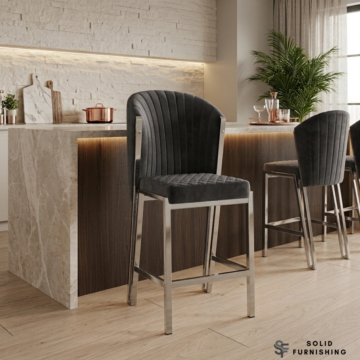 Fabio Grey & Silver Fixed Breakfast Stool – Upholstered Kitchen Island Bar Chair