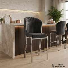 Fabio Grey & Silver Fixed Breakfast Stool – Upholstered Kitchen Island Bar Chair