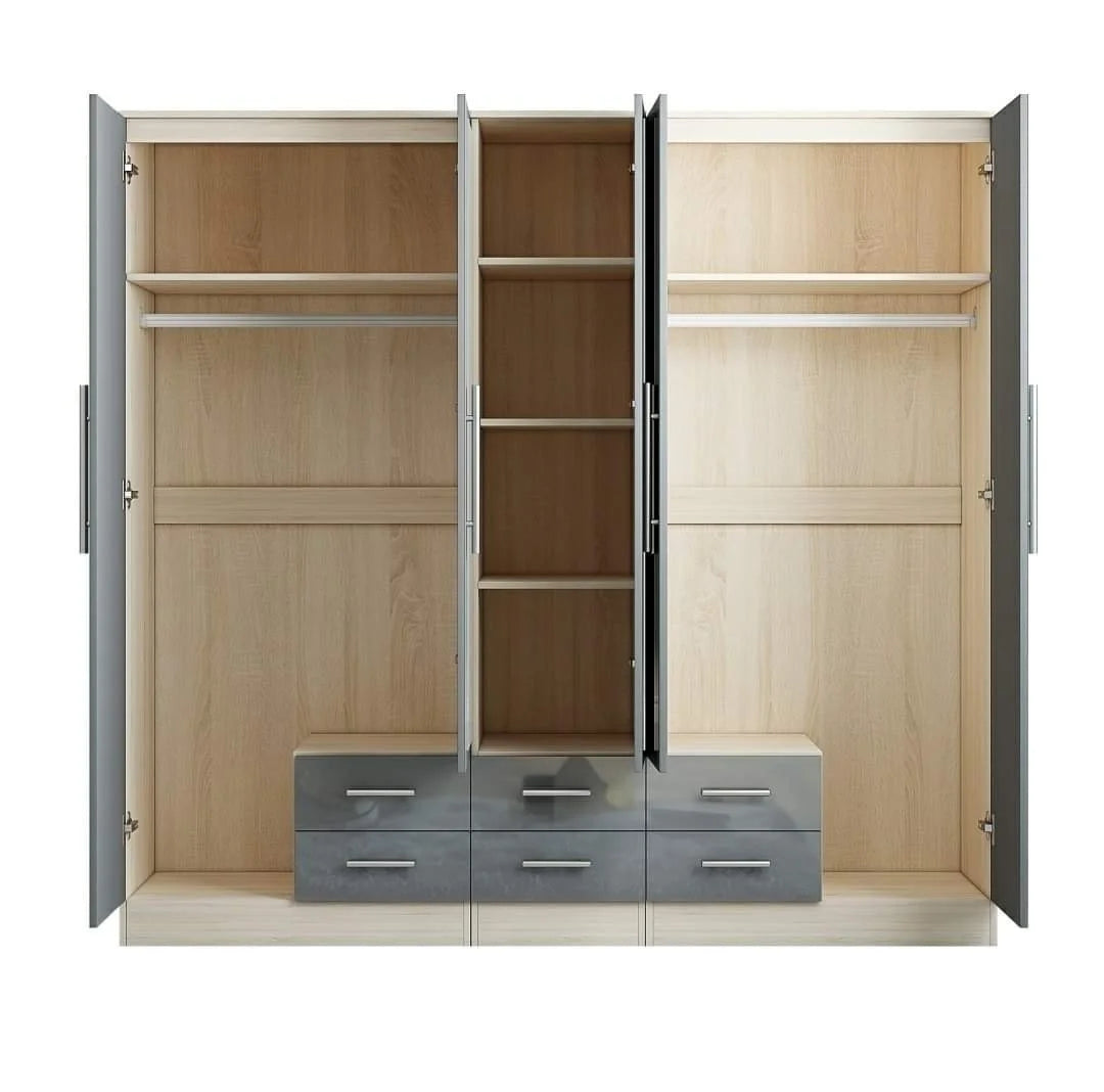 Grey Gloss 5 Door Wardrobe with 6 Drawers & 3 Mirrors – Large Bedroom Storage Wardrobe