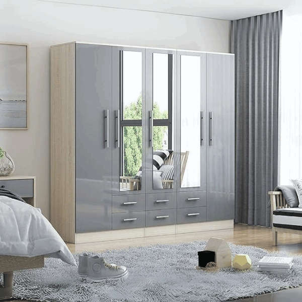 Grey Gloss 5 Door Wardrobe with 6 Drawers & 3 Mirrors – Large Bedroom Storage Wardrobe