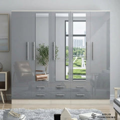 Grey Gloss 5 Door Wardrobe with 6 Drawers & 3 Mirrors – Large Bedroom Storage Wardrobe
