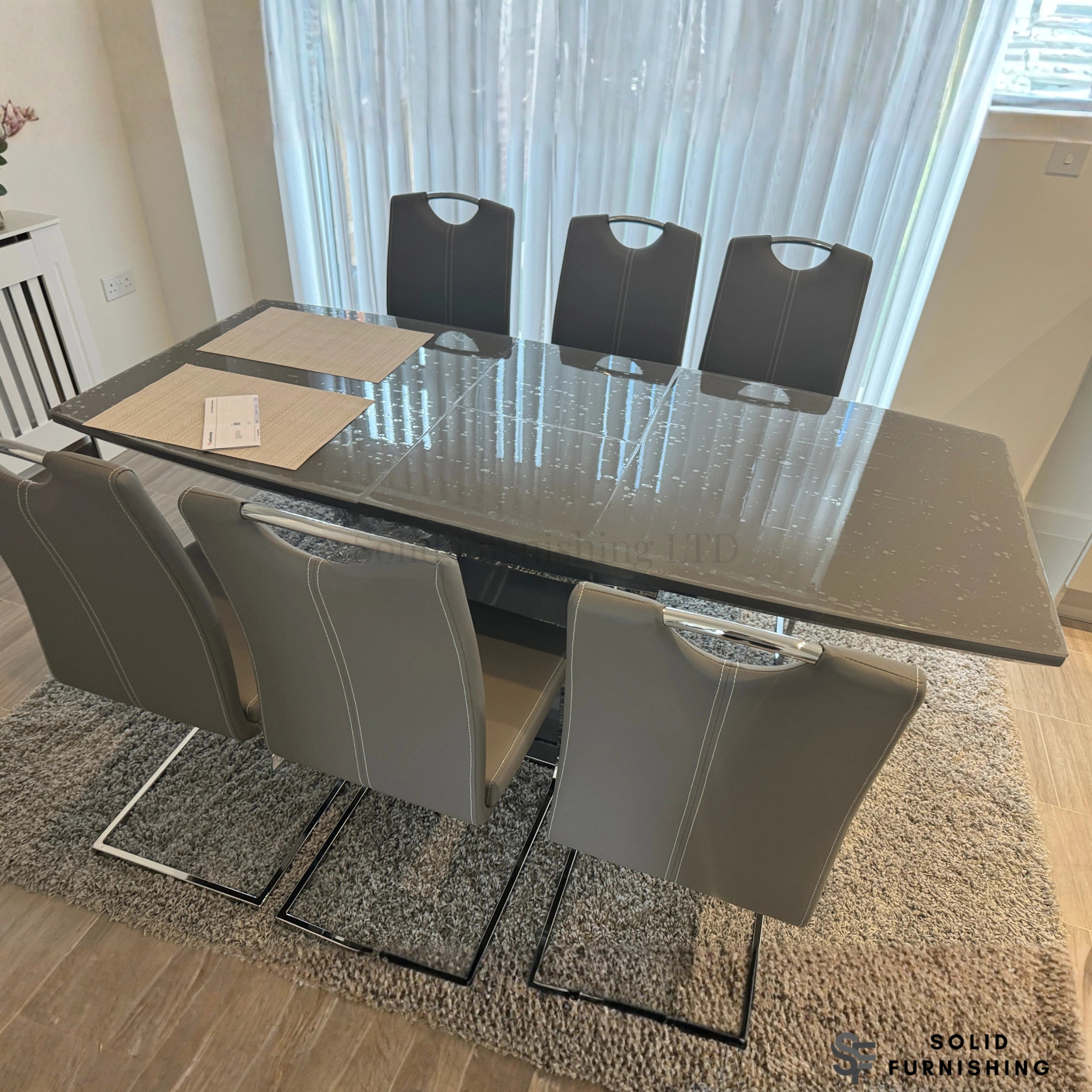 Grey Milan Extendable Dining Set with Grey Leather Chairs – High Gloss Dining Table Set