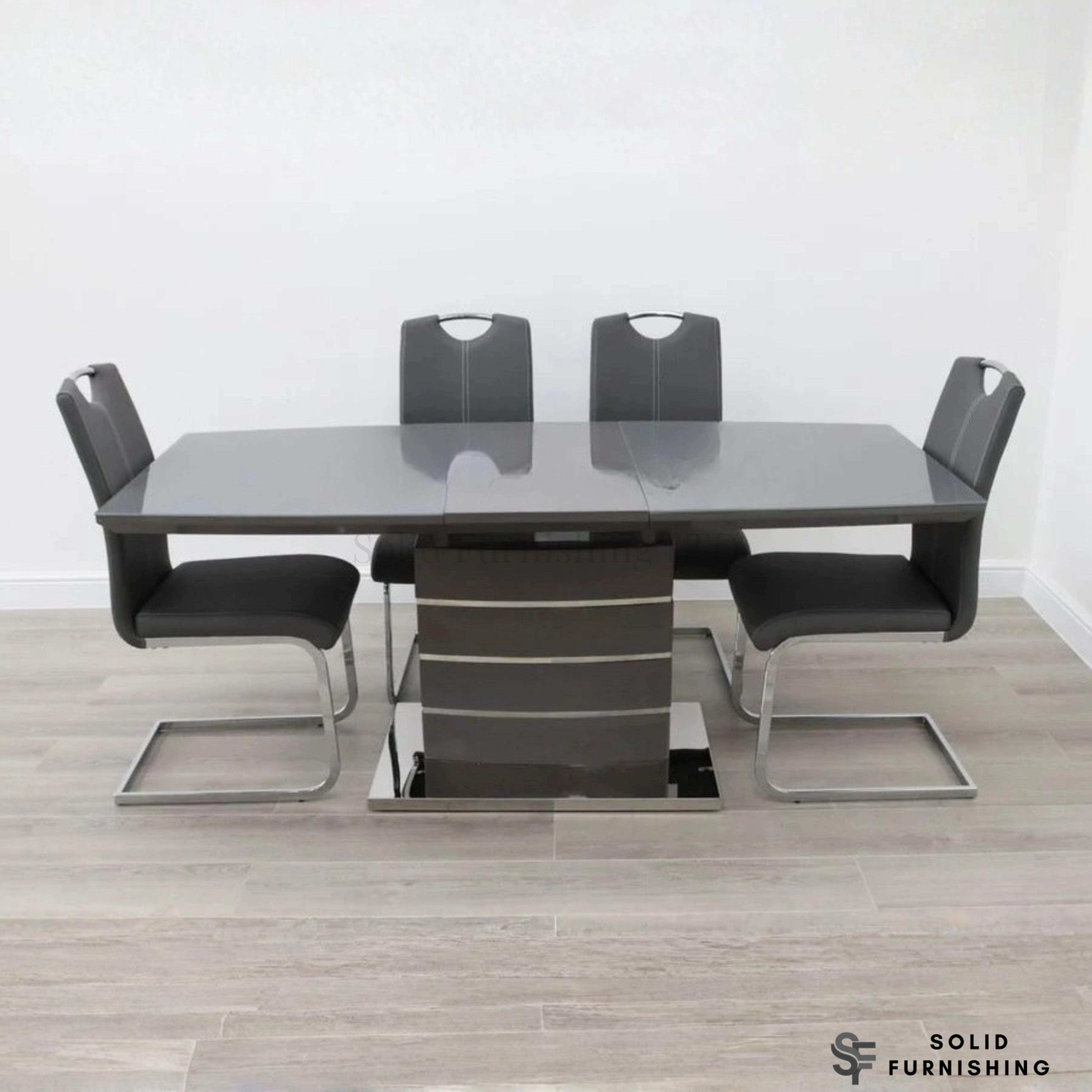 Grey Milan Extendable Dining Set with Grey Leather Chairs – High Gloss Dining Table Set
