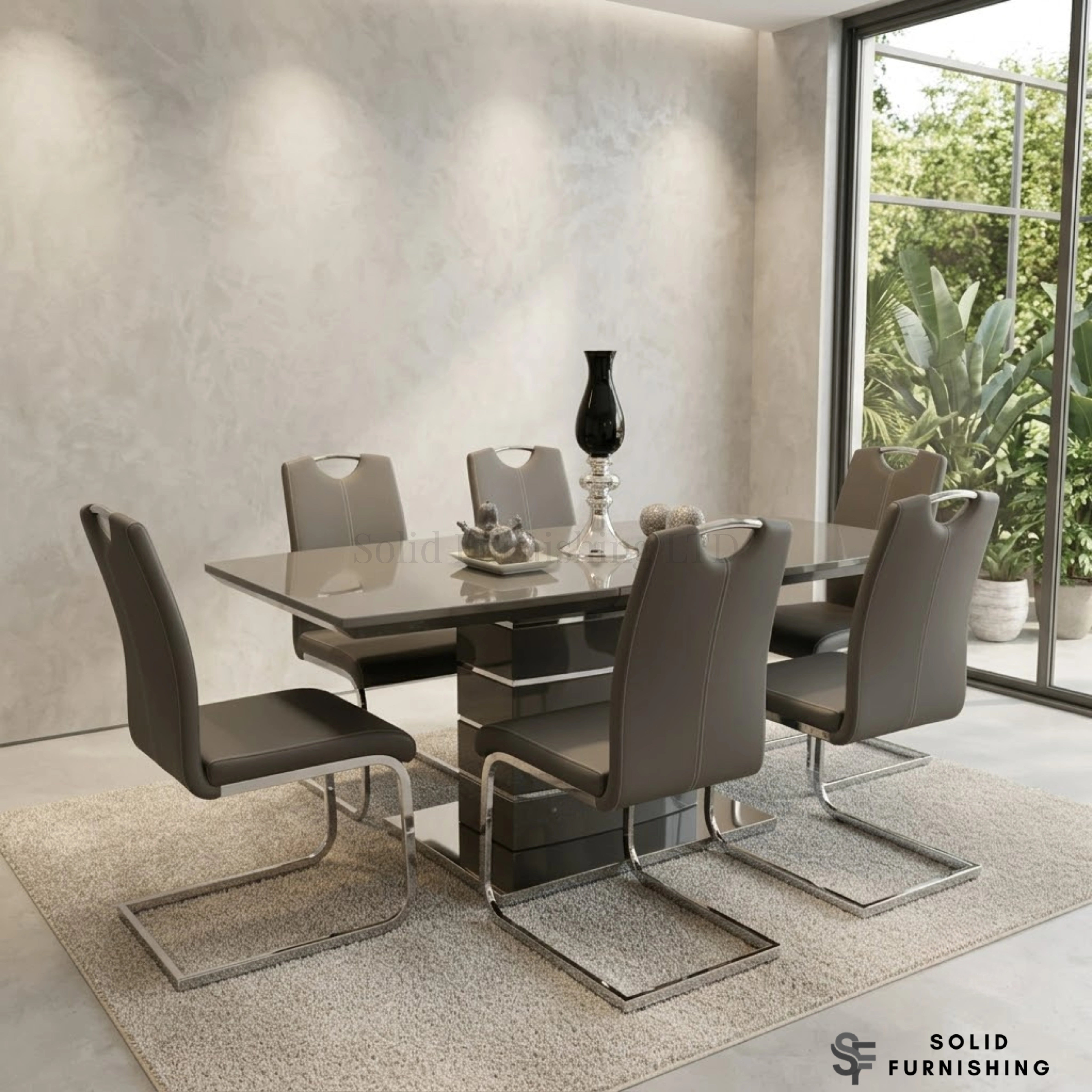 Grey Milan Extendable Dining Set with Grey Leather Chairs – High Gloss Dining Table Set
