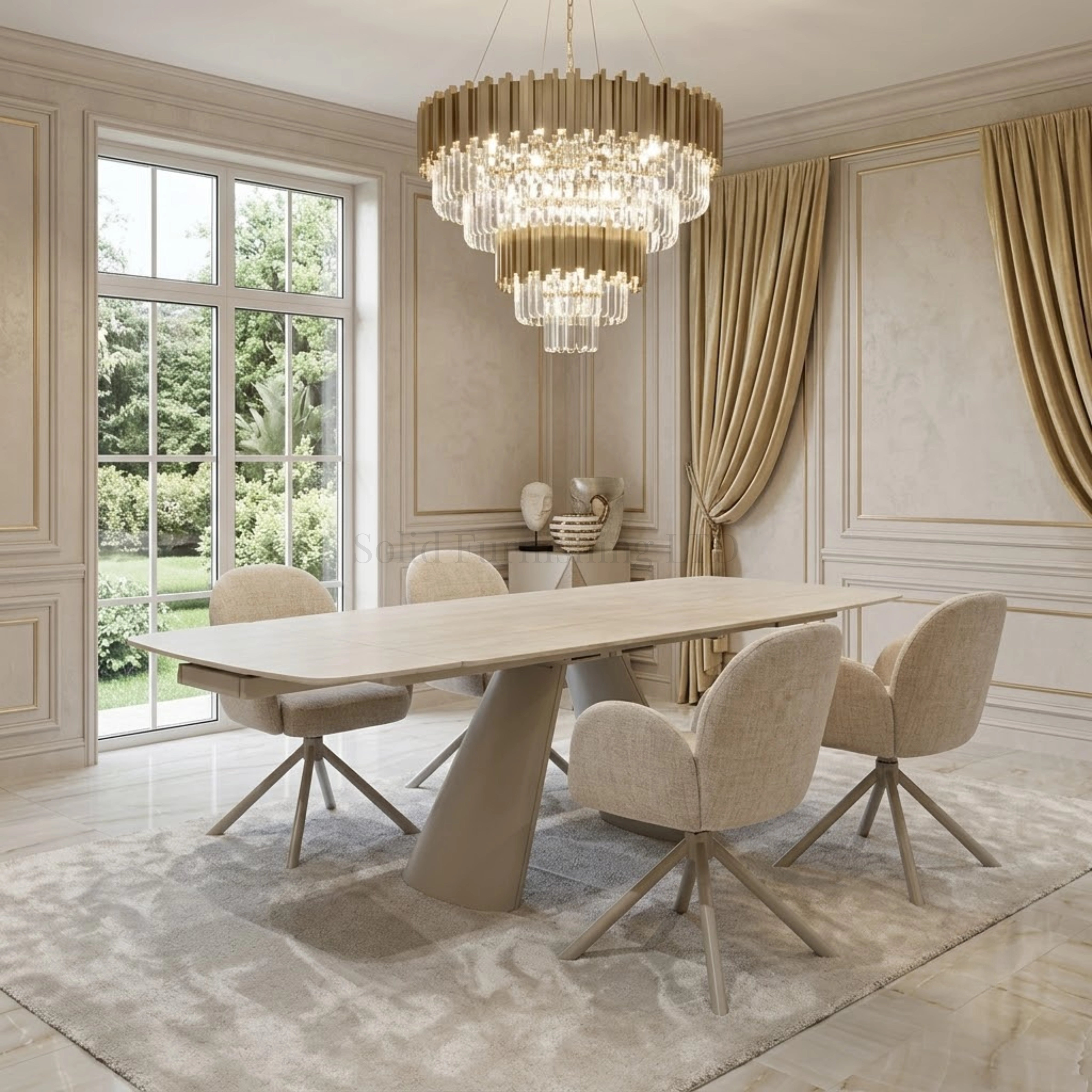 Gstaad Beige Extendable Dining Set with Swivel Chairs – 160–240cm Sintered Stone Table