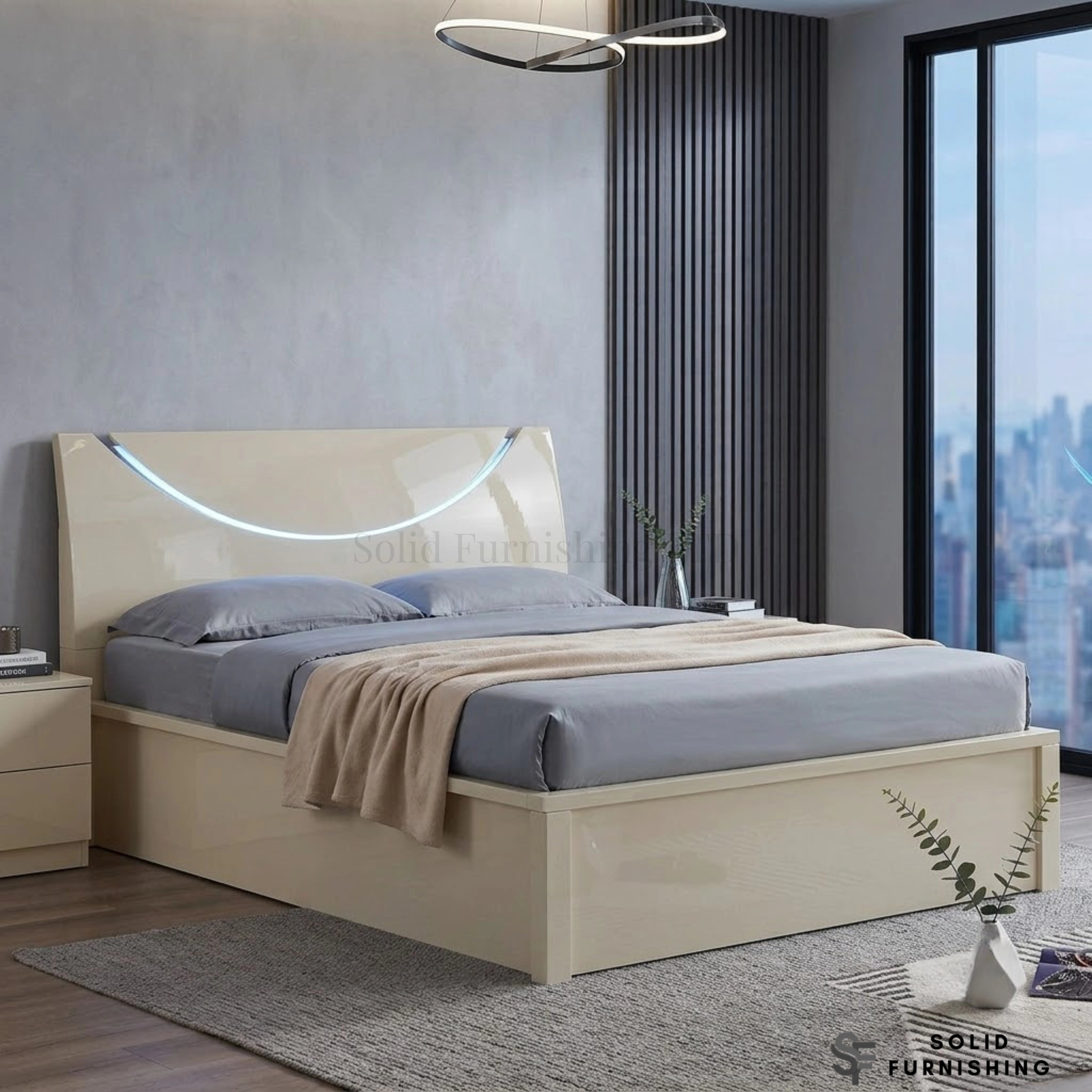Half Moon High Gloss Ottoman Storage Bed with LED Lights – Double & King Size