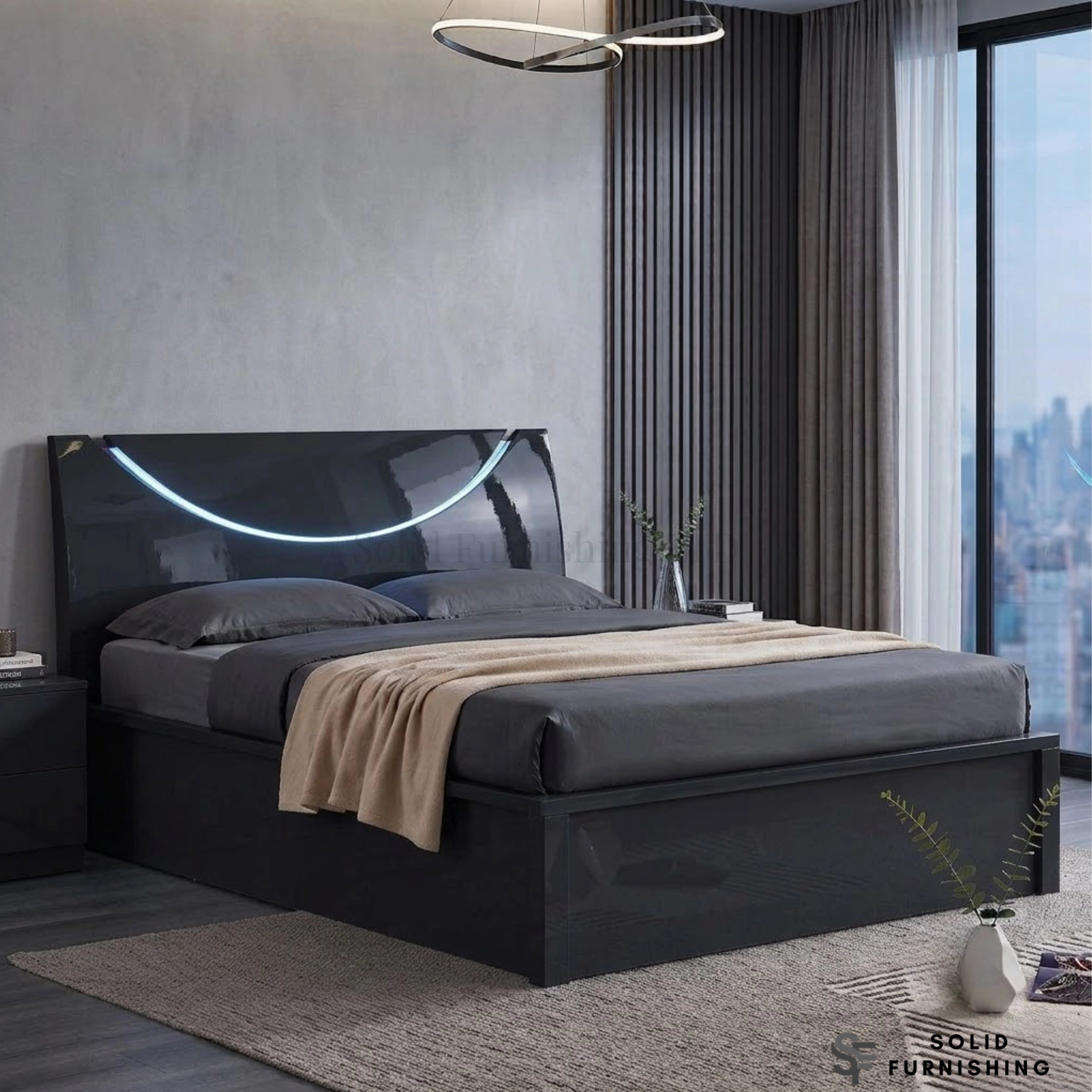 Half Moon High Gloss Ottoman Storage Bed with LED Lights – Double & King Size
