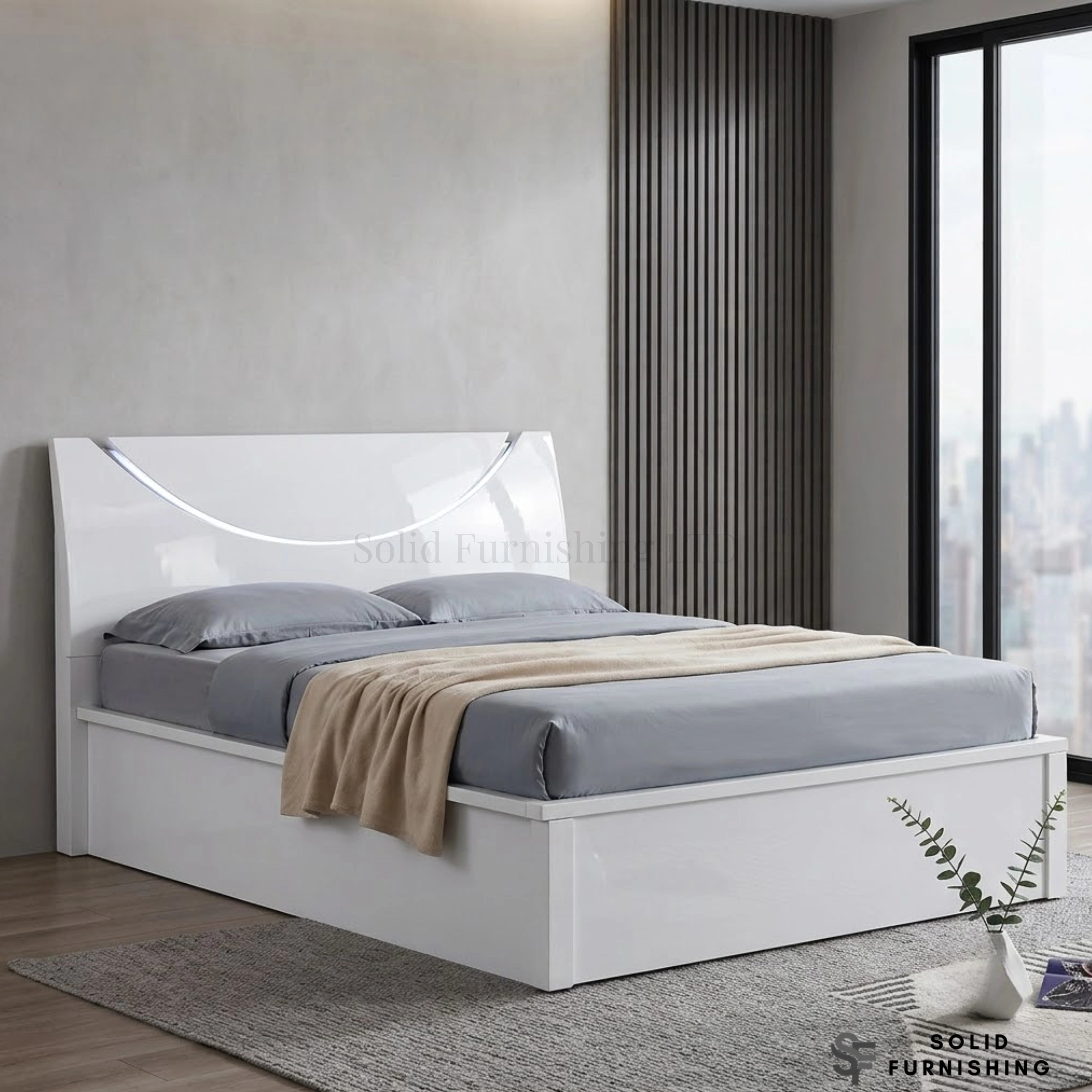 Half Moon High Gloss Ottoman Storage Bed with LED Lights – Double & King Size
