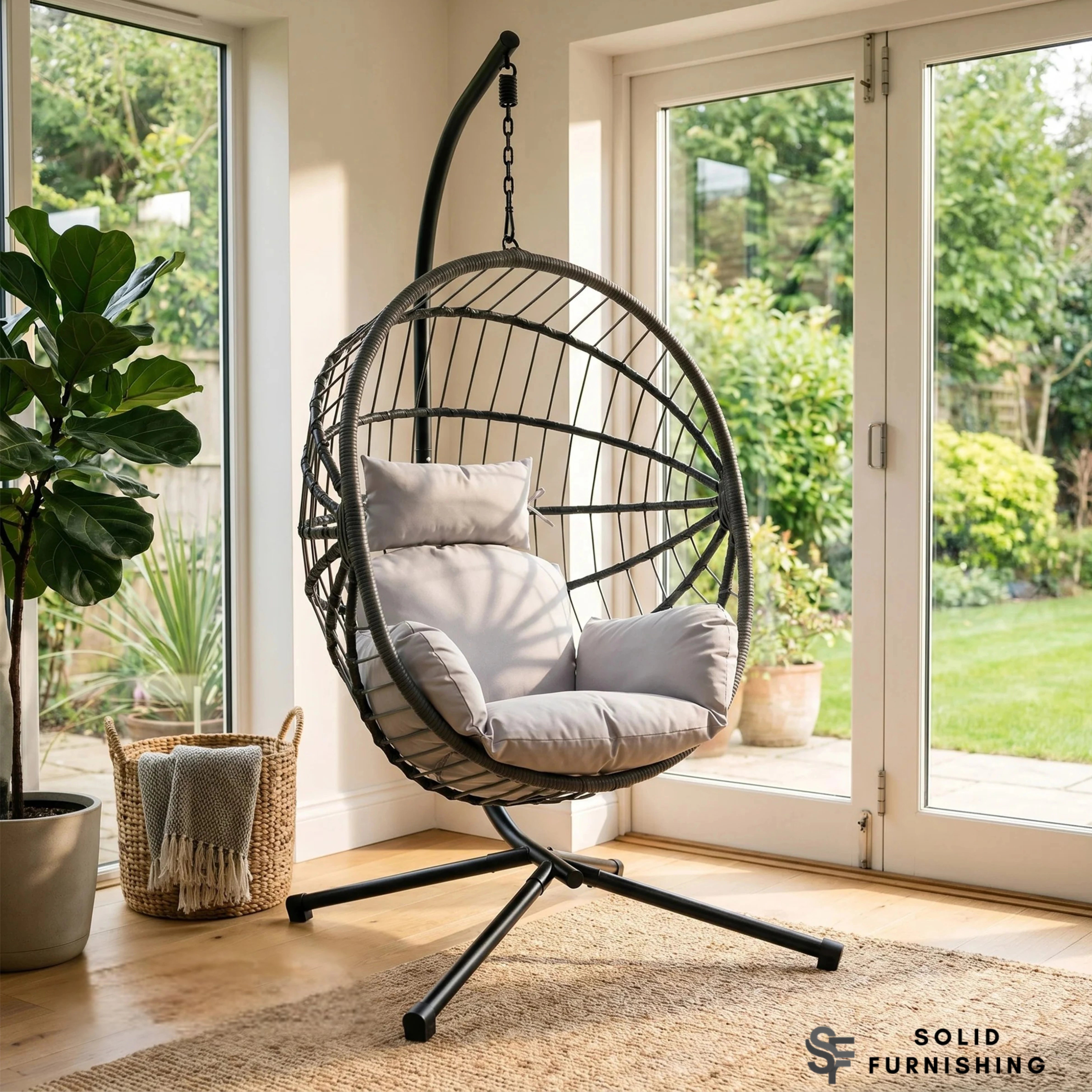 Hanging Egg Chair with Foldable Design – Light Grey PE Rattan Garden Chair