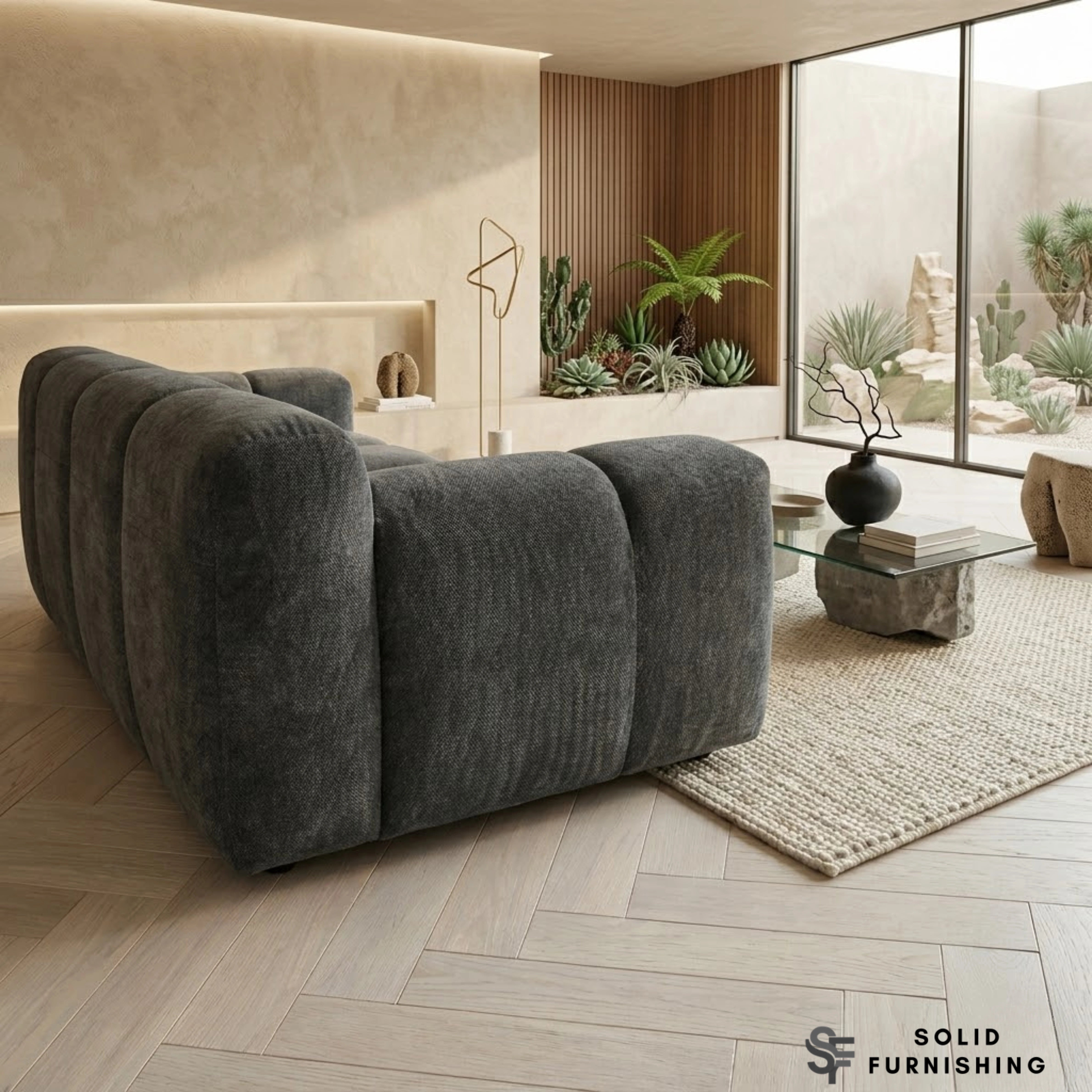 Harlem Sofa Set – Steel Grey Mermaid Velvet 3 Seater, 2 Seater, Armchair & Stool