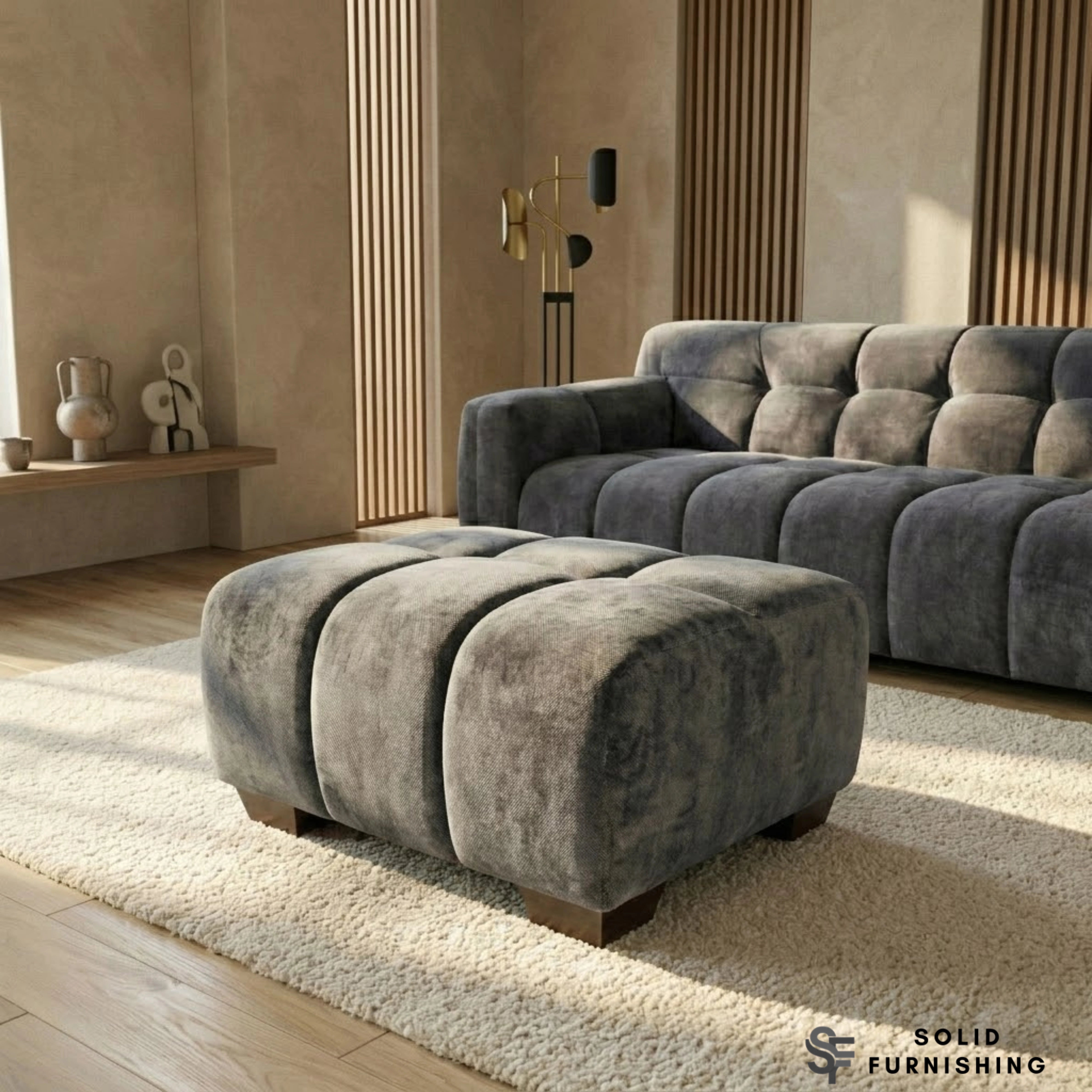 Harlem Sofa Set – Steel Grey Mermaid Velvet 3 Seater, 2 Seater, Armchair & Stool