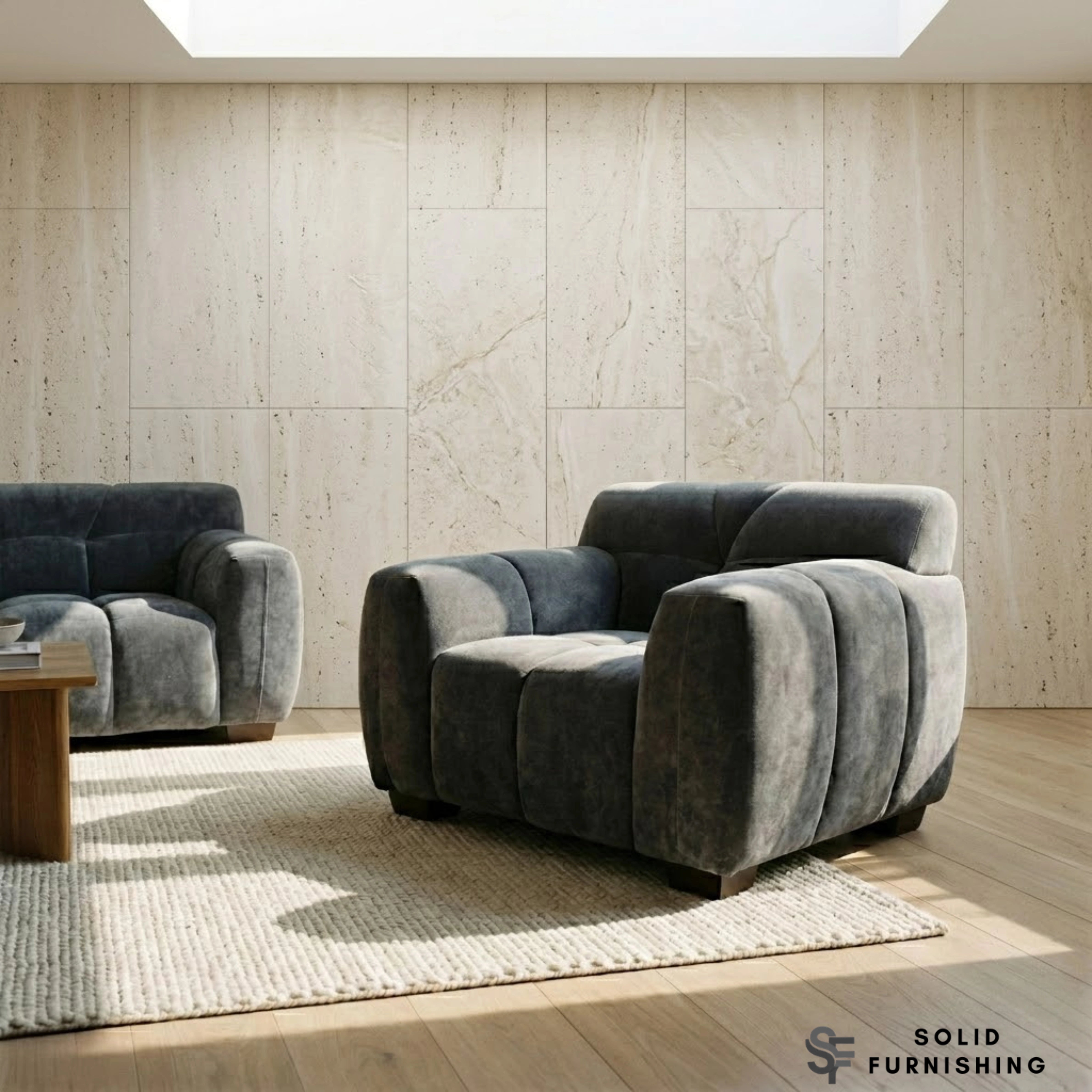 Harlem Sofa Set – Steel Grey Mermaid Velvet 3 Seater, 2 Seater, Armchair & Stool