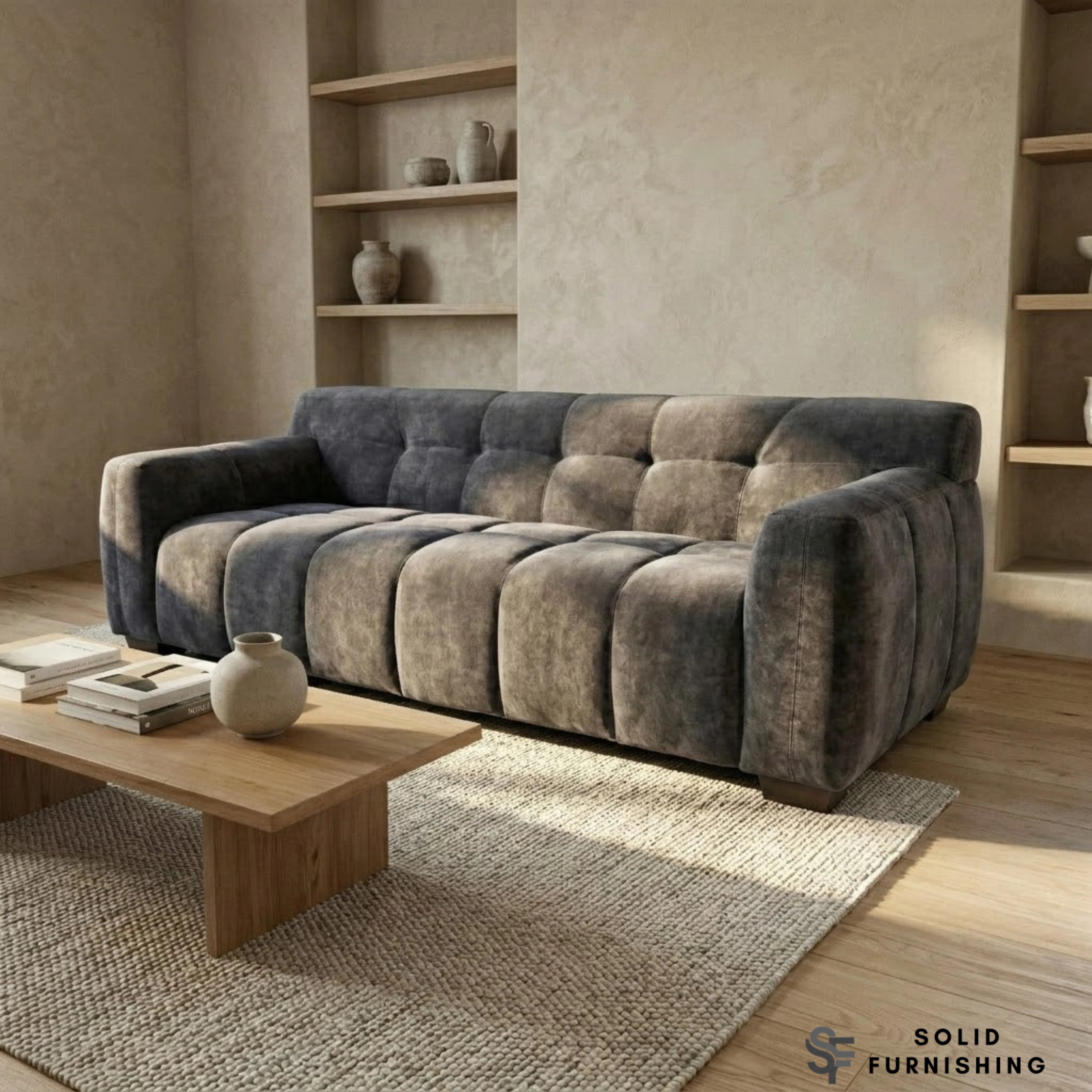 Harlem Sofa Set – Steel Grey Mermaid Velvet 3 Seater, 2 Seater, Armchair & Stool